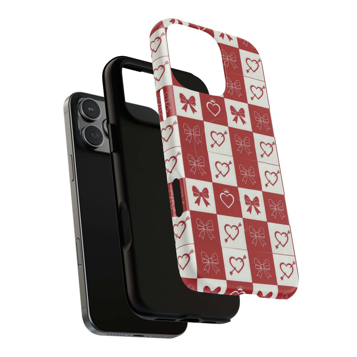 Red-and-white checkered phone case with heart-and-bow motif; side cutouts.