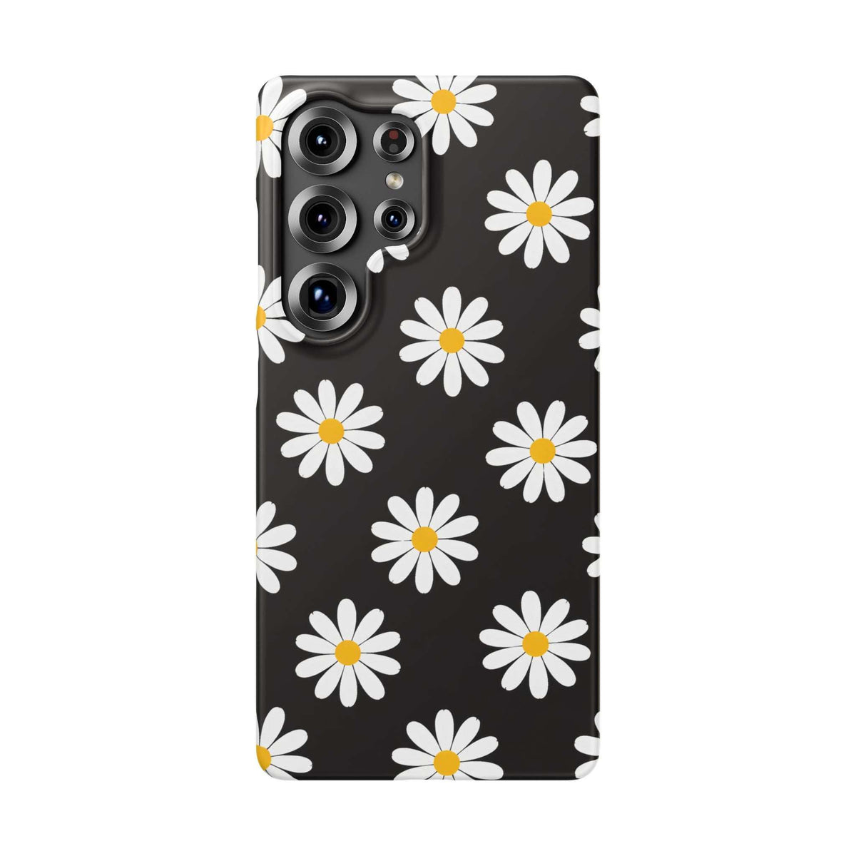 Black phone case with white daisies and yellow centers; raised cutouts for 4 camera lenses