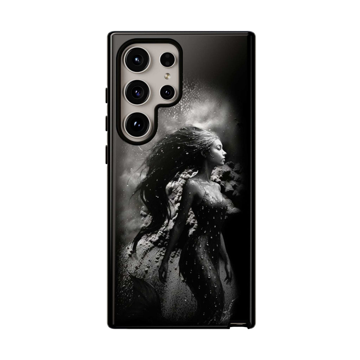 Monochrome mermaid phone case, black, front view with camera cutouts and side buttons