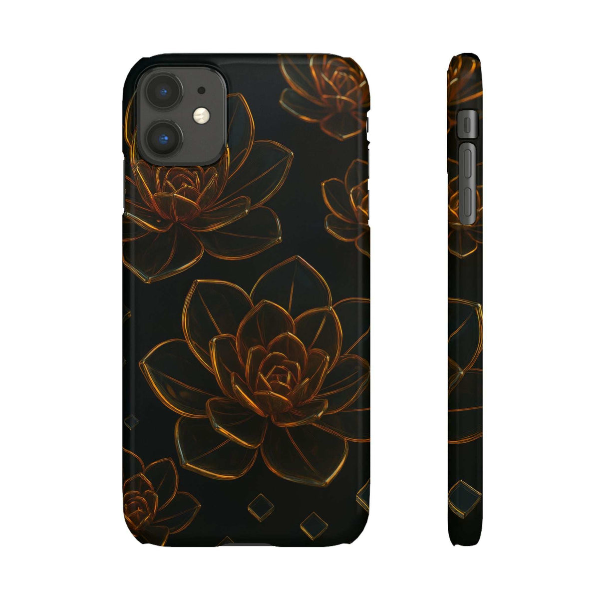 Glossy glass phone case, black with bronze lotus pattern; matching side profile shown.