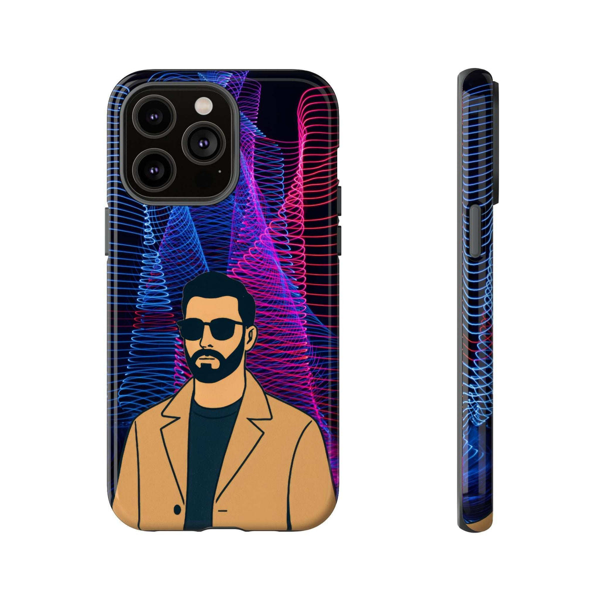 Glossy phone case with bearded man graphic, neon blue/pink lines, and triple camera cutouts.