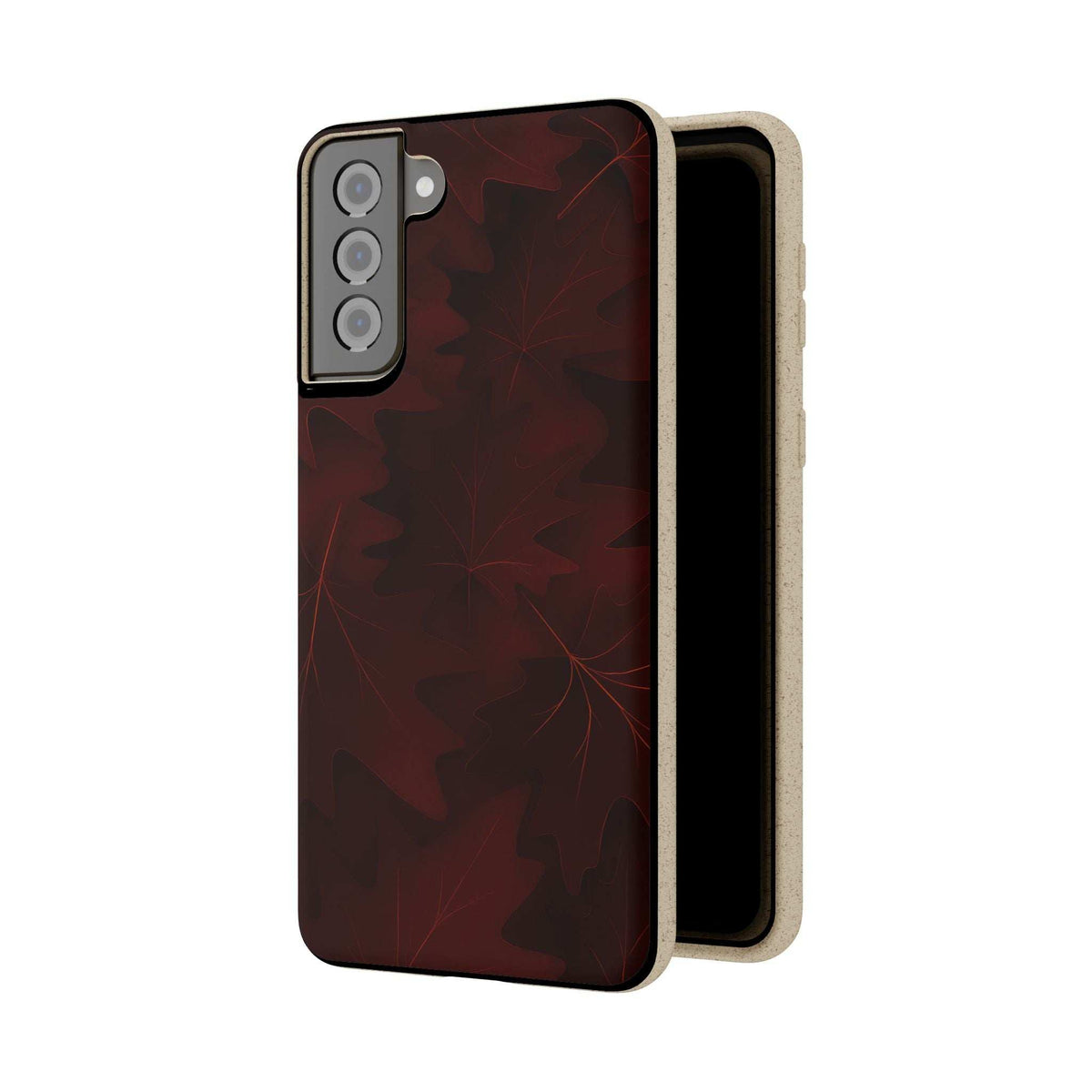 Burgundy phone case with leaf pattern, showing front and side thickness