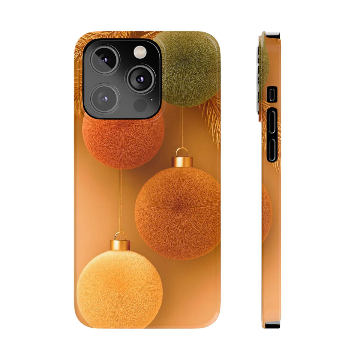 Phone case for iPhone 11-17 with orange, green, and gold fuzzy ornament balls