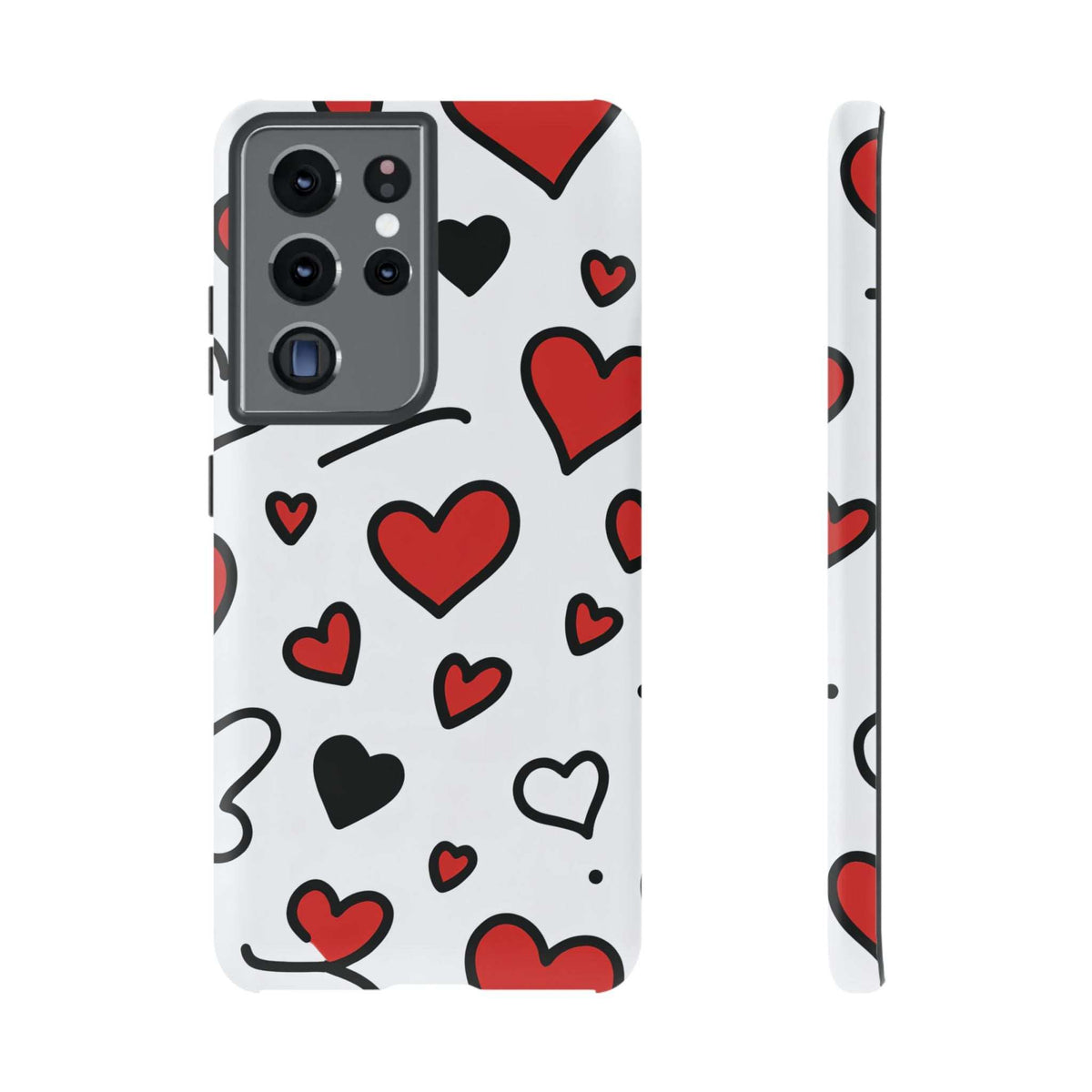 White phone case with scattered red and black hearts; rear camera module and openings