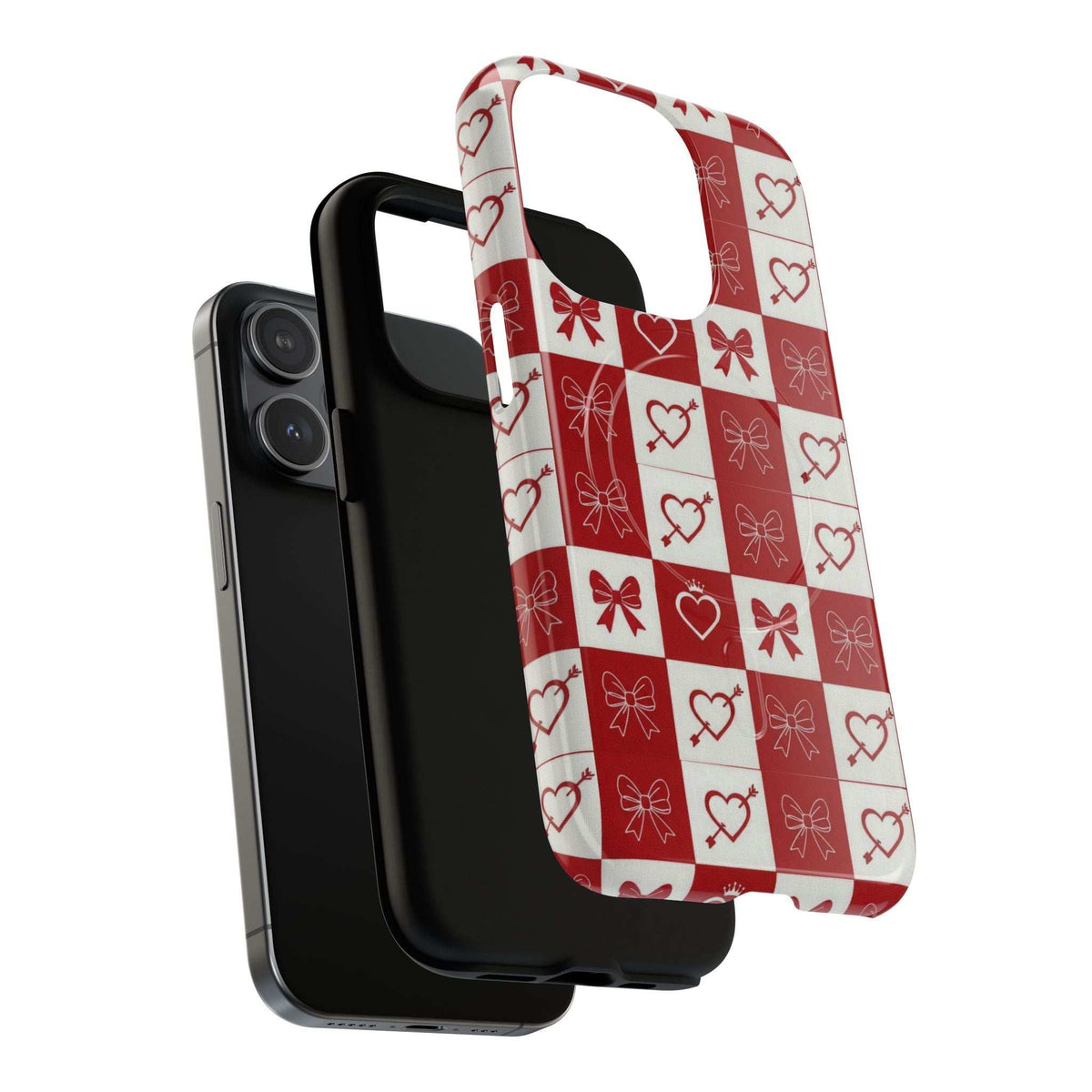Red and white checkered phone case with hearts and bows pattern, open camera cutout