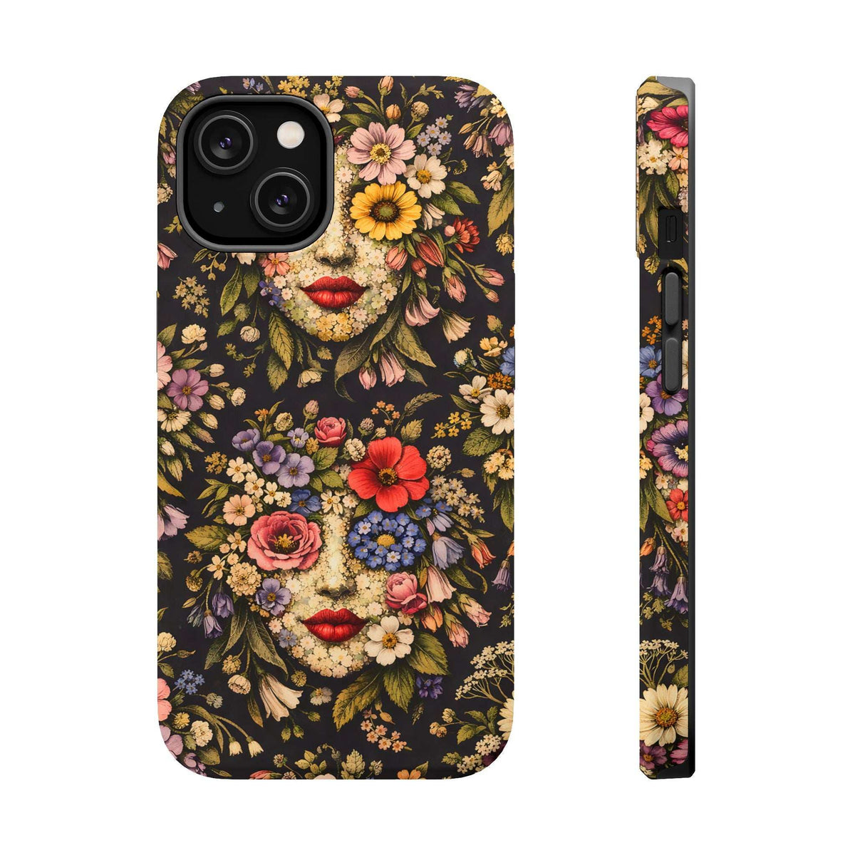 Floral face phone case, dark background, front view and side profile edge