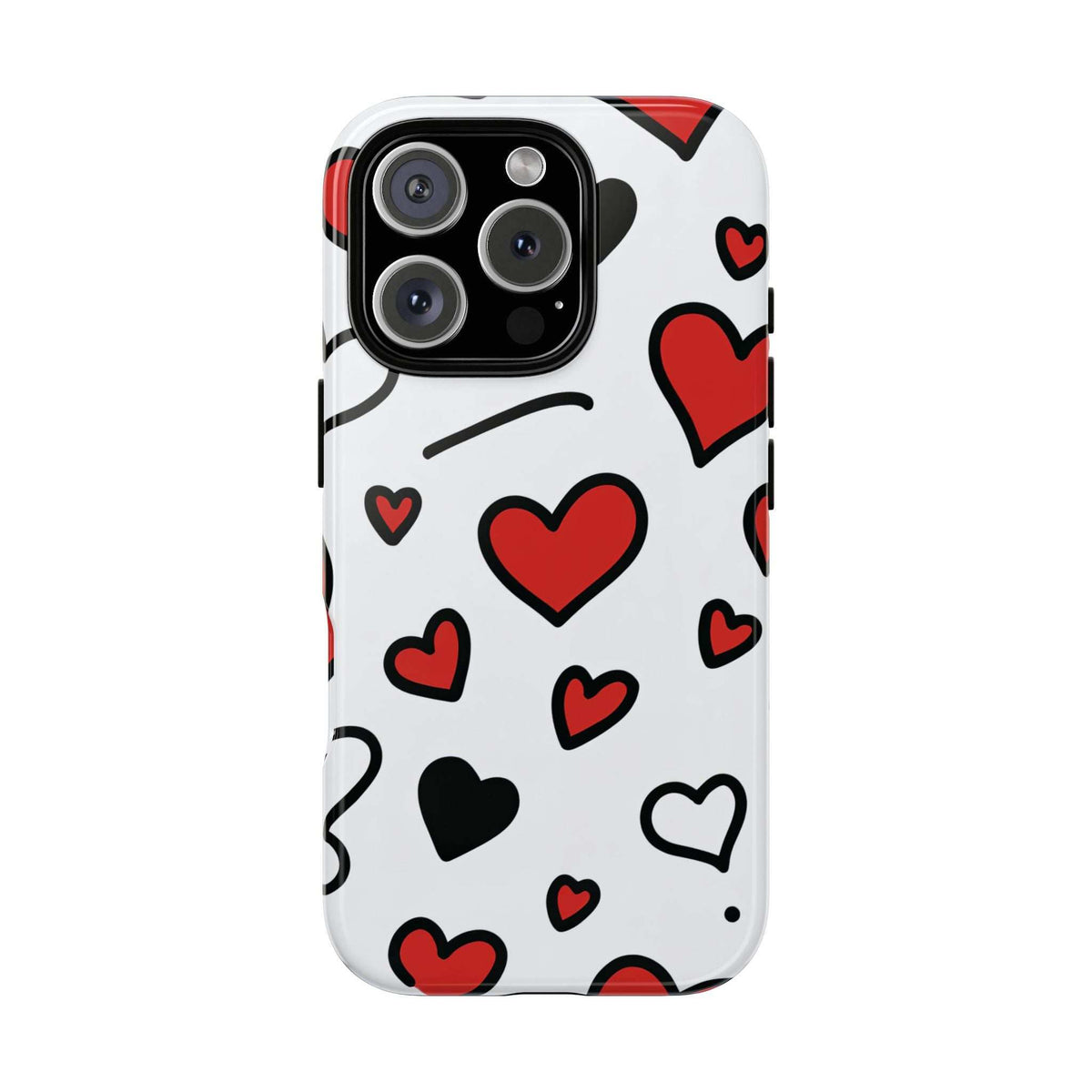 White heart-pattern phone case with red and black hearts; quad-camera cutout