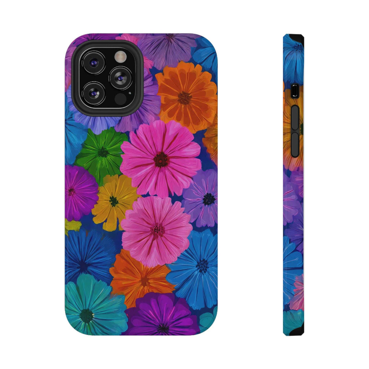 Phone case with colorful blooming flower pattern and raised camera cutout (iPhone/Galaxy)