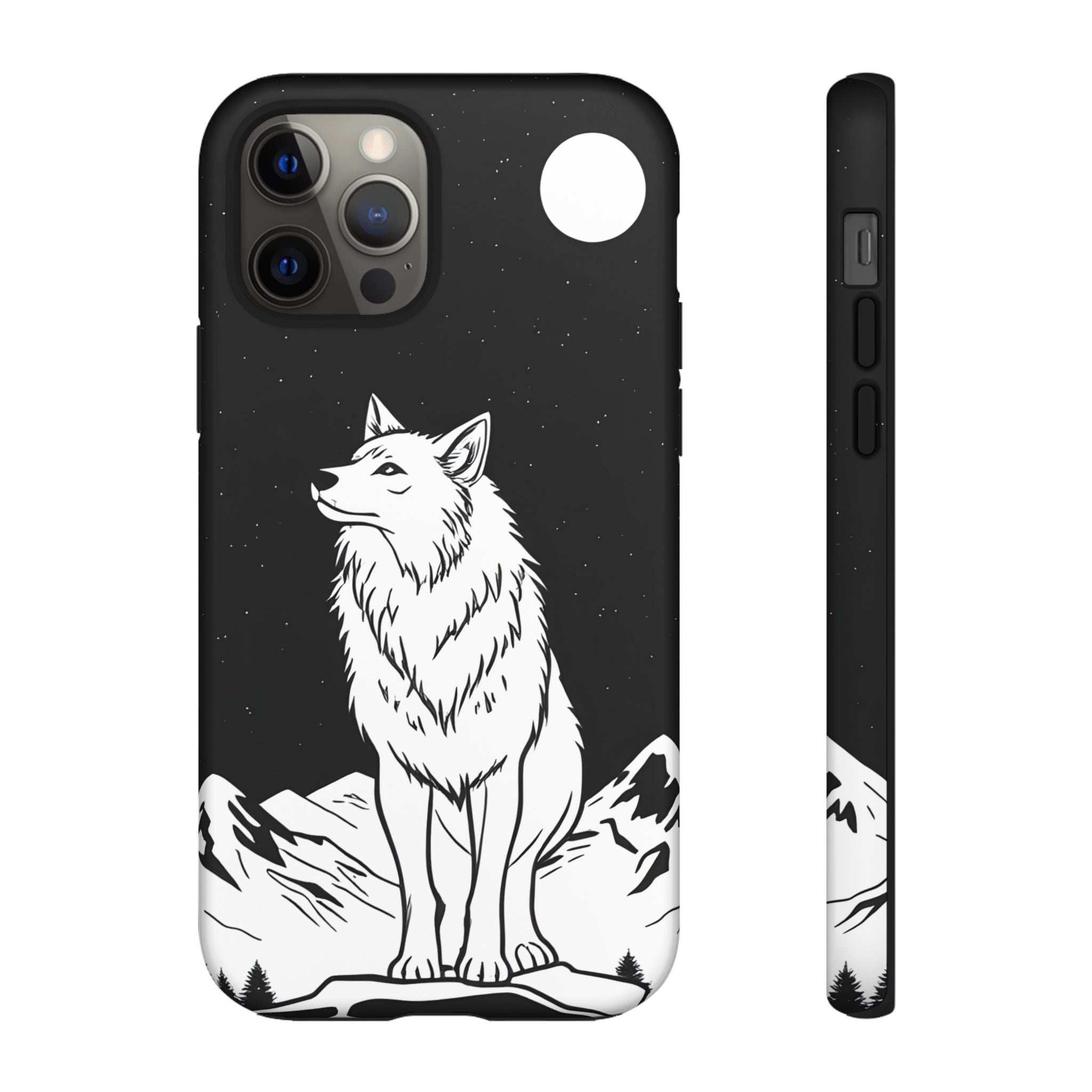 Black wolf phone case with white wolf line art, moon graphic, mountain scene, and camera openings
