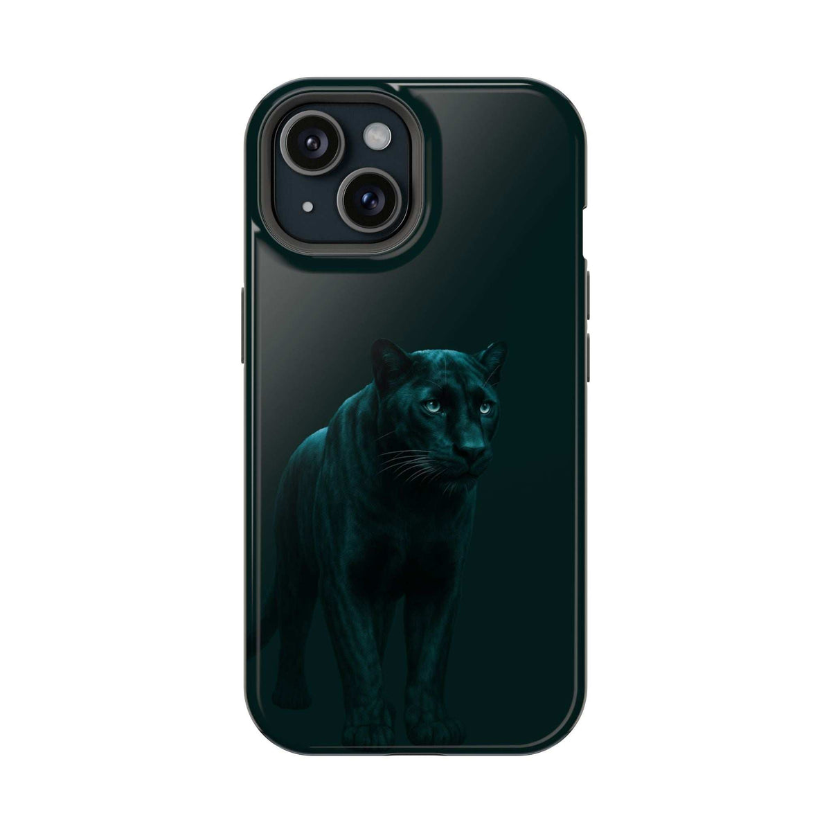 Dark phone case with panther graphic on back and circular camera cutouts