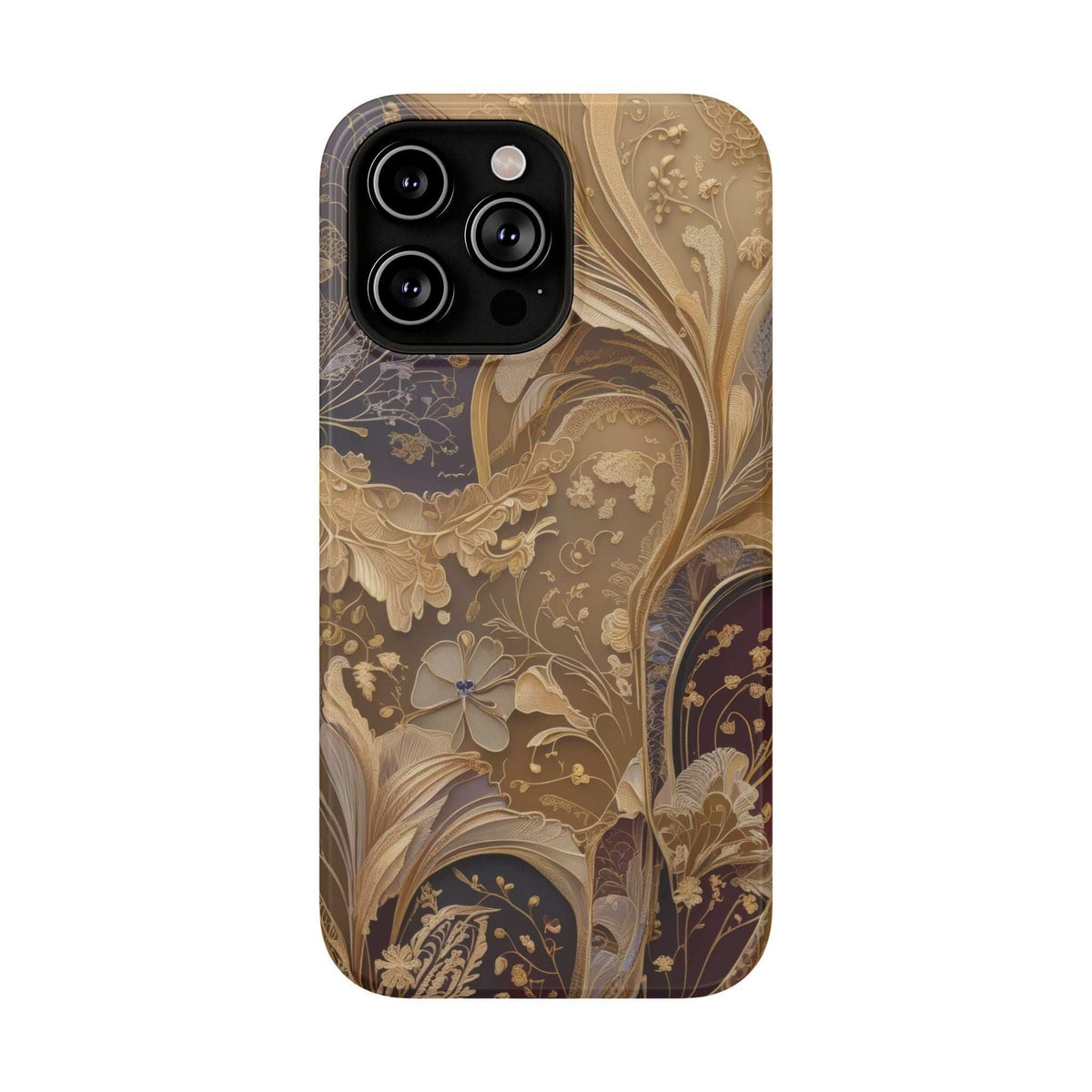 Ornate botanical phone case, beige and dark gold pattern, butterfly detail, camera lens cutout