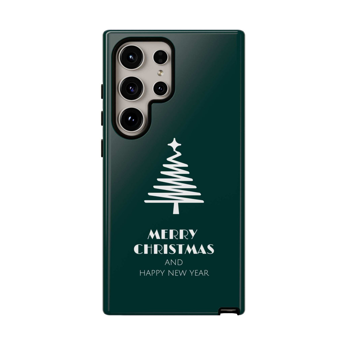 Dark green glossy phone case with Christmas tree and 'Merry Christmas' and 'Happy New Year'; side edge