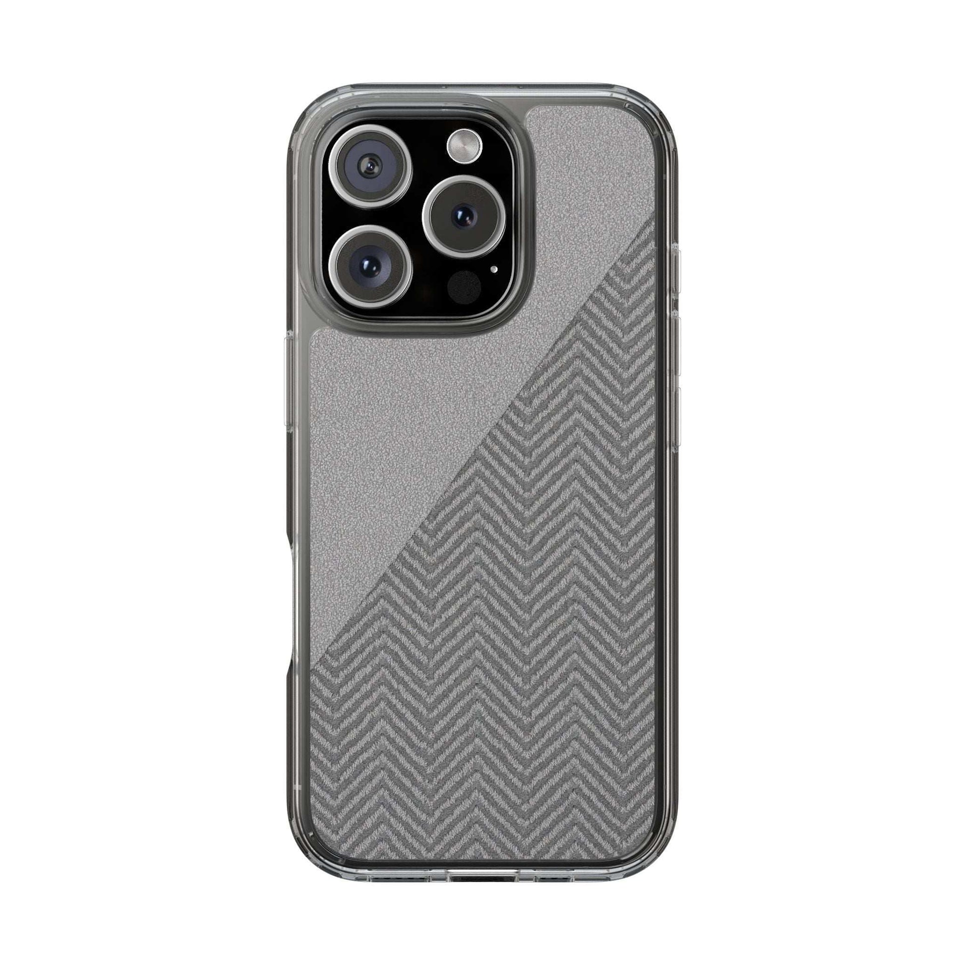 Tough phone case with clear bumper and dark herringbone diagonal pattern, triple cameras