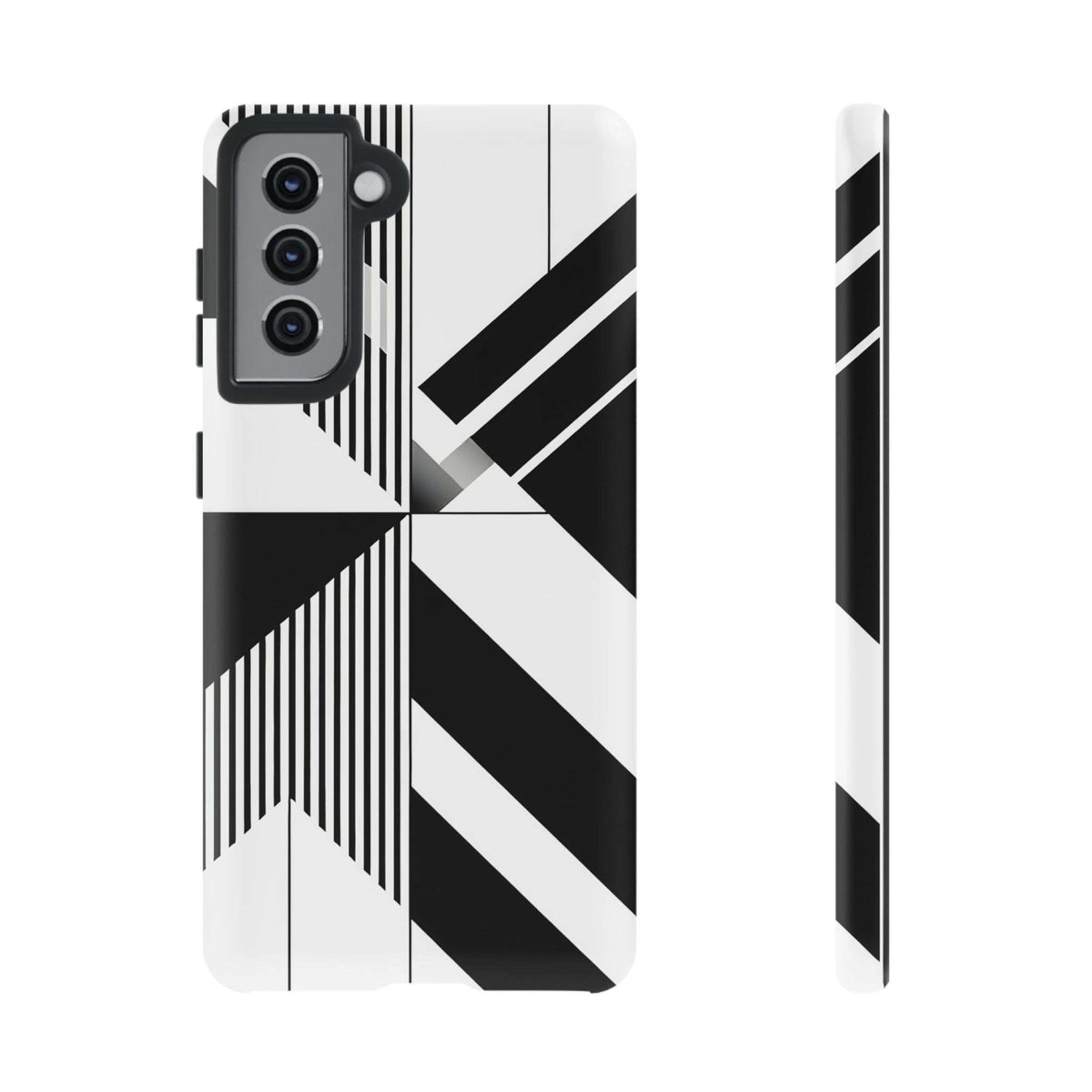 Tough phone case with black-and-white geometric pattern, front and side views.