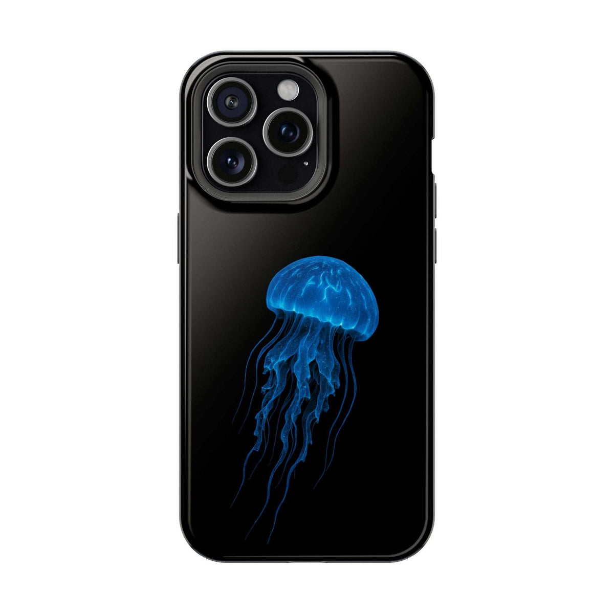 Black phone case with blue jellyfish graphic, back view with camera module