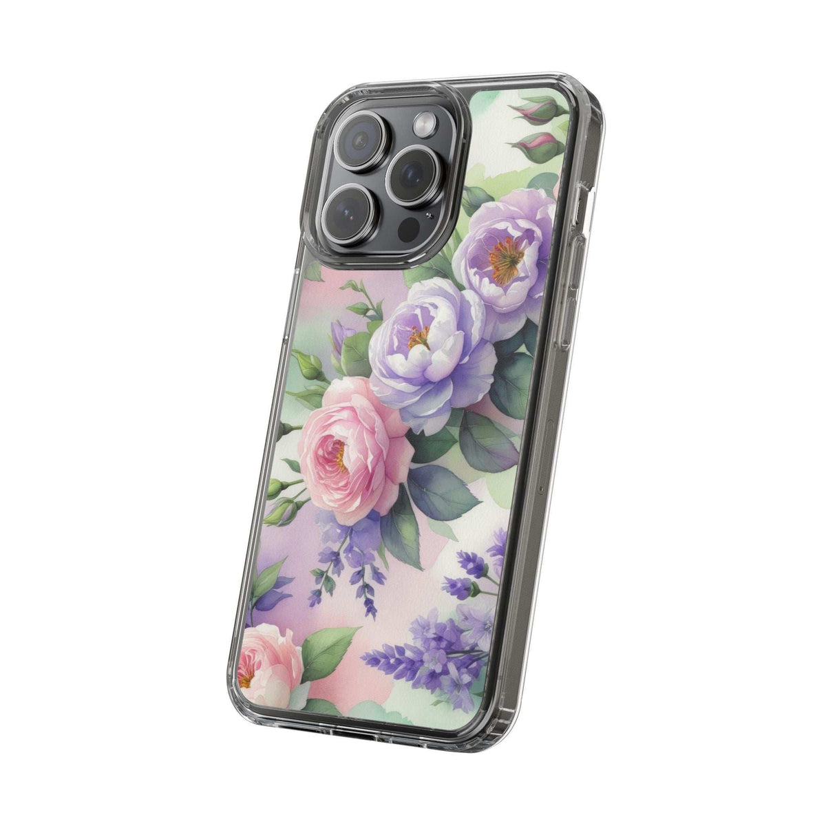 Clear phone case with purple, pink, and green floral design; raised camera cover