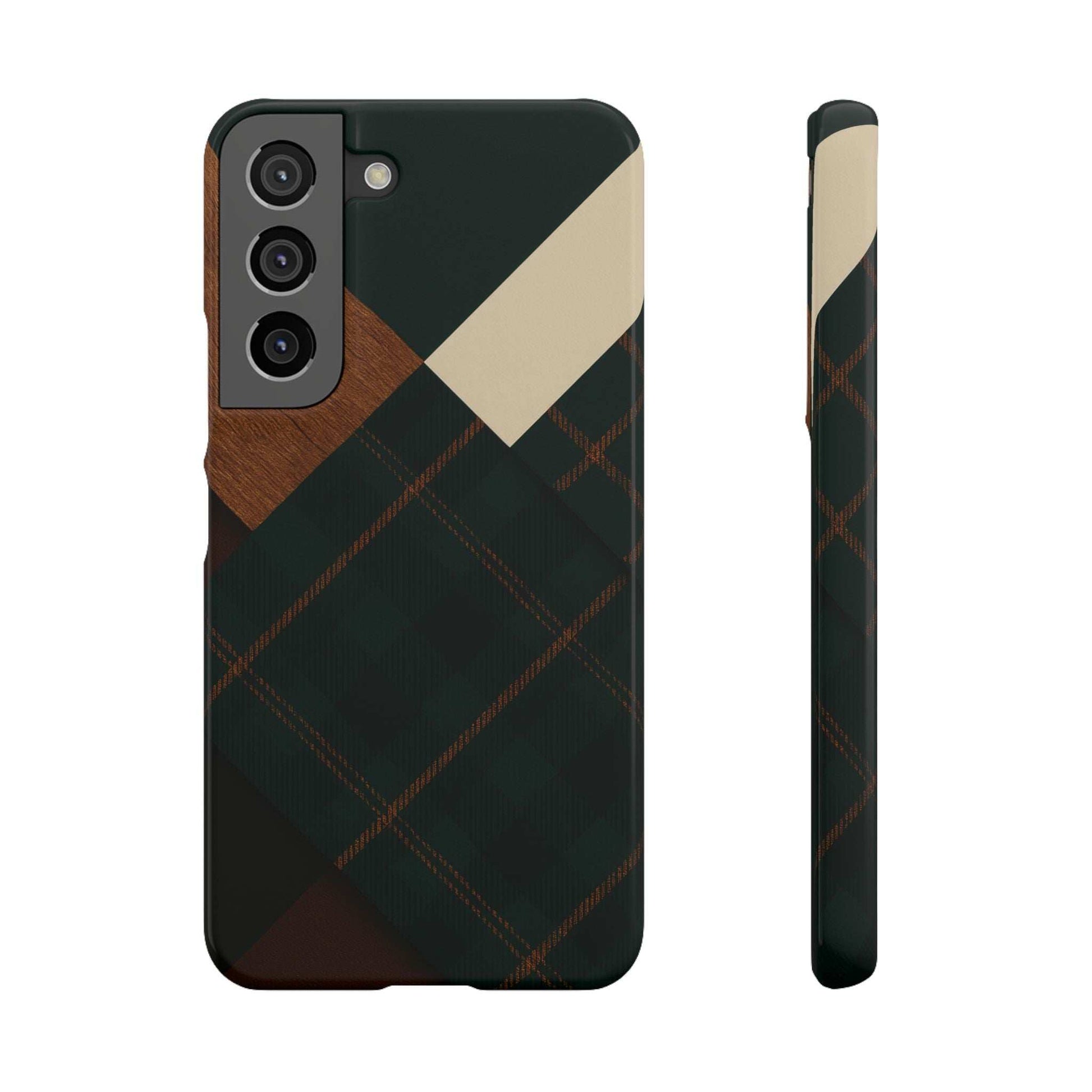 Rustic green phone case with wood triangle, beige diagonal, and tartan plaid pattern