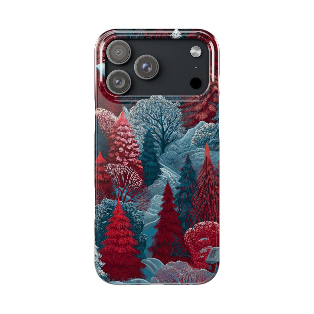 Phone case with dark forest scene artwork, featuring camera lens cutouts and side openings
