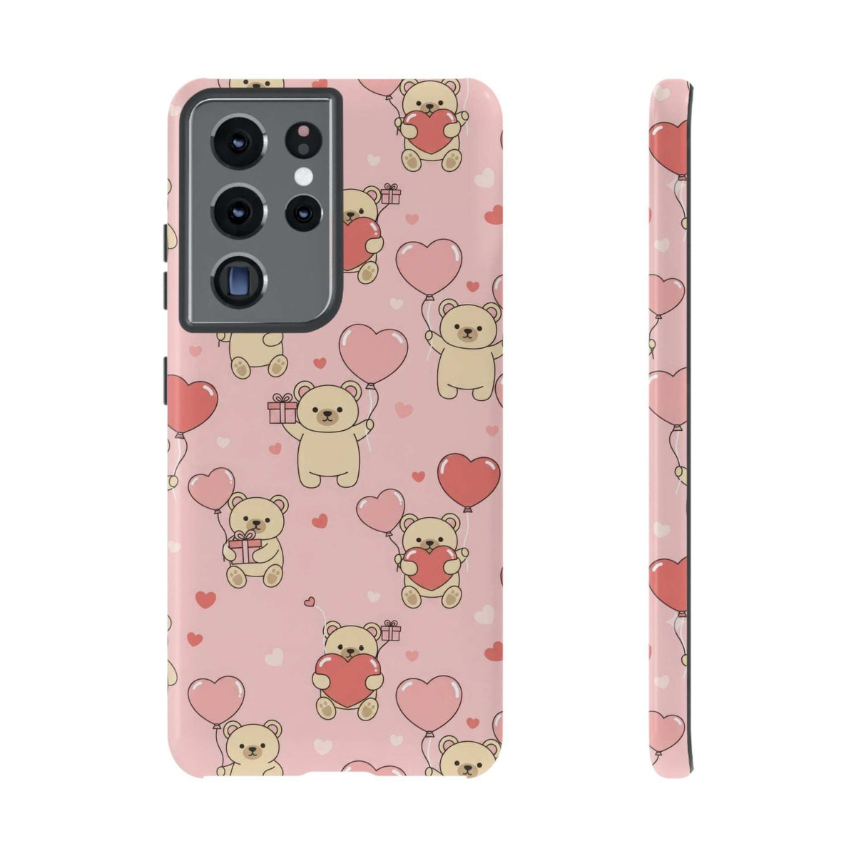 Pink teddy bear hearts phone case showing camera module cutout and thin side profile