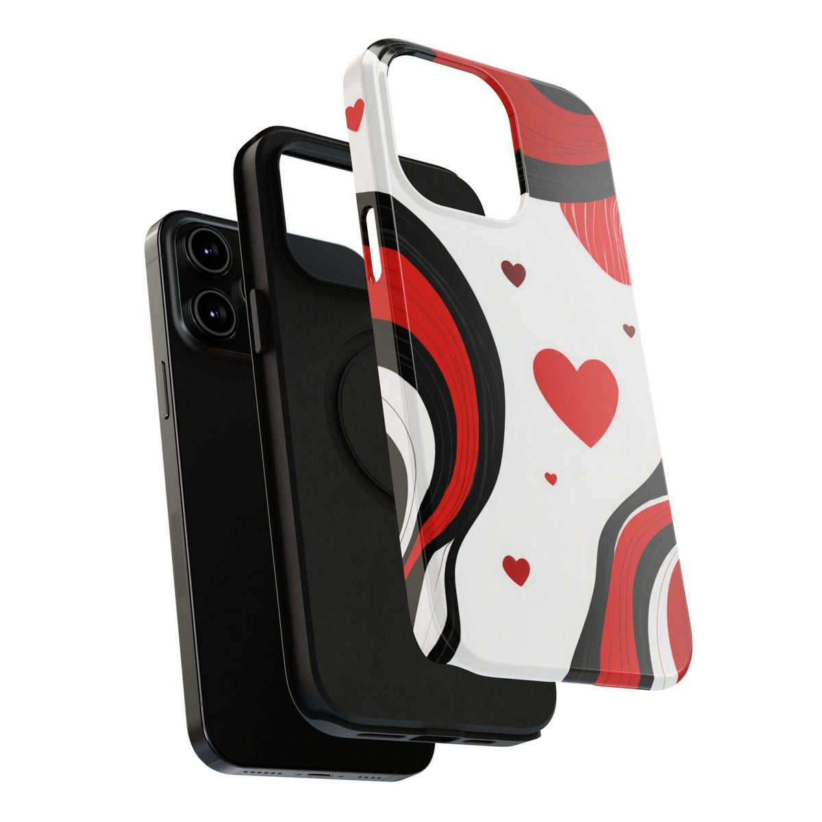 Phone case showing side cutouts and red hearts with red-and-black waves on white.