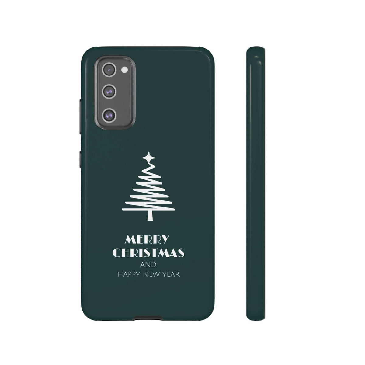 Dark green glossy phone case with Christmas tree and "Merry Christmas" front view
