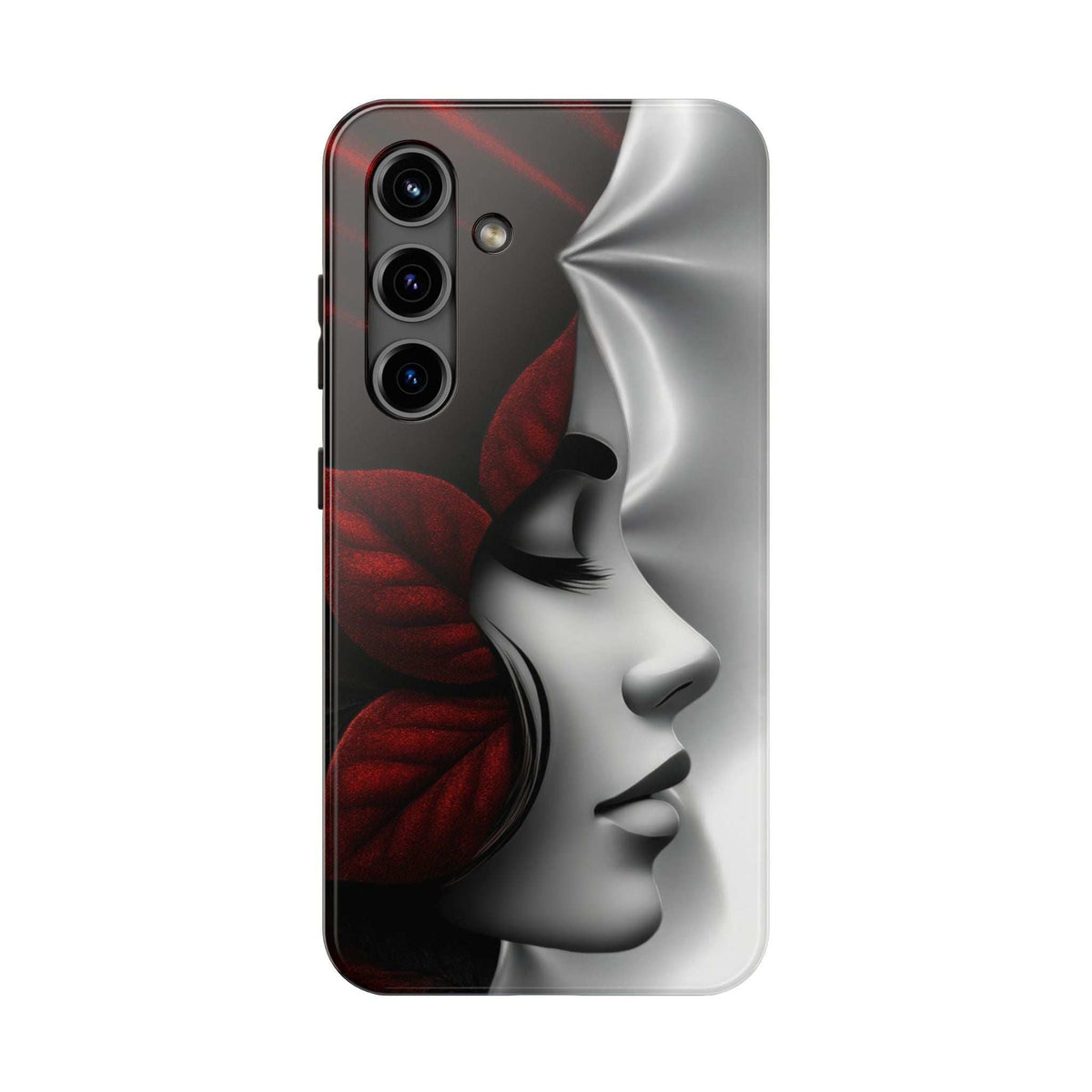 Phone case for iPhone and Galaxy with red rose and gray face profile design