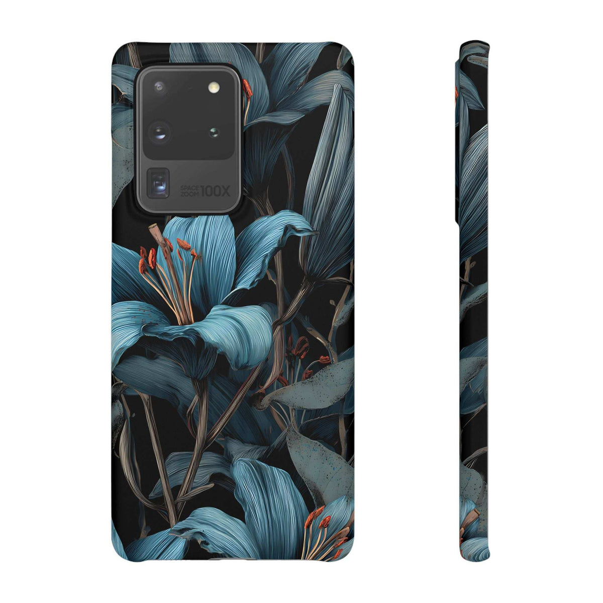 Blue floral phone case with glossy-looking finish and camera openings on dark backing.