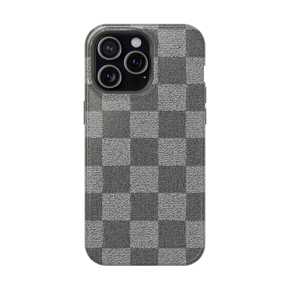 Gray checkered phone case with fabric texture; triple-lens camera cutout on back