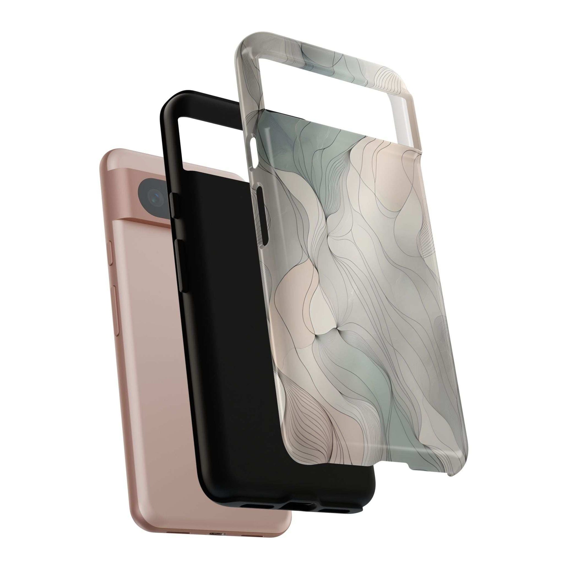 Pastel wave phone case with clear frame and wavy blue-beige pattern, multiple phone angles