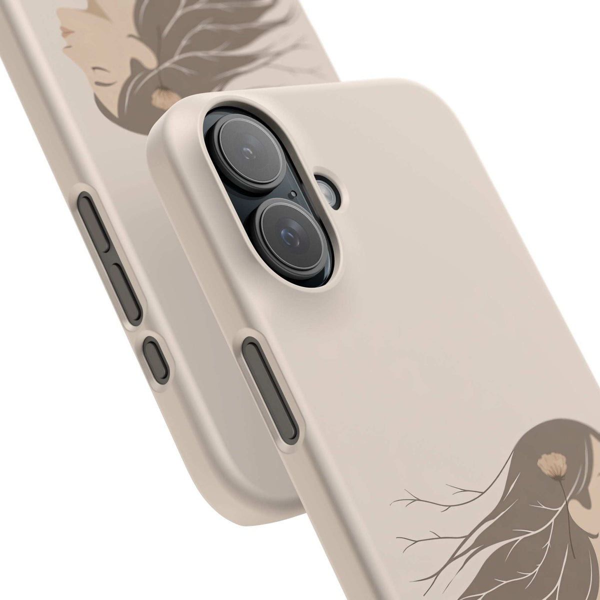 Cream phone case featuring floral woman line art, raised camera area and side openings