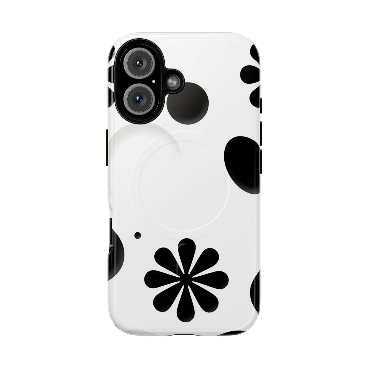 Phone case with black flower-and-dot design on white, with camera cutouts