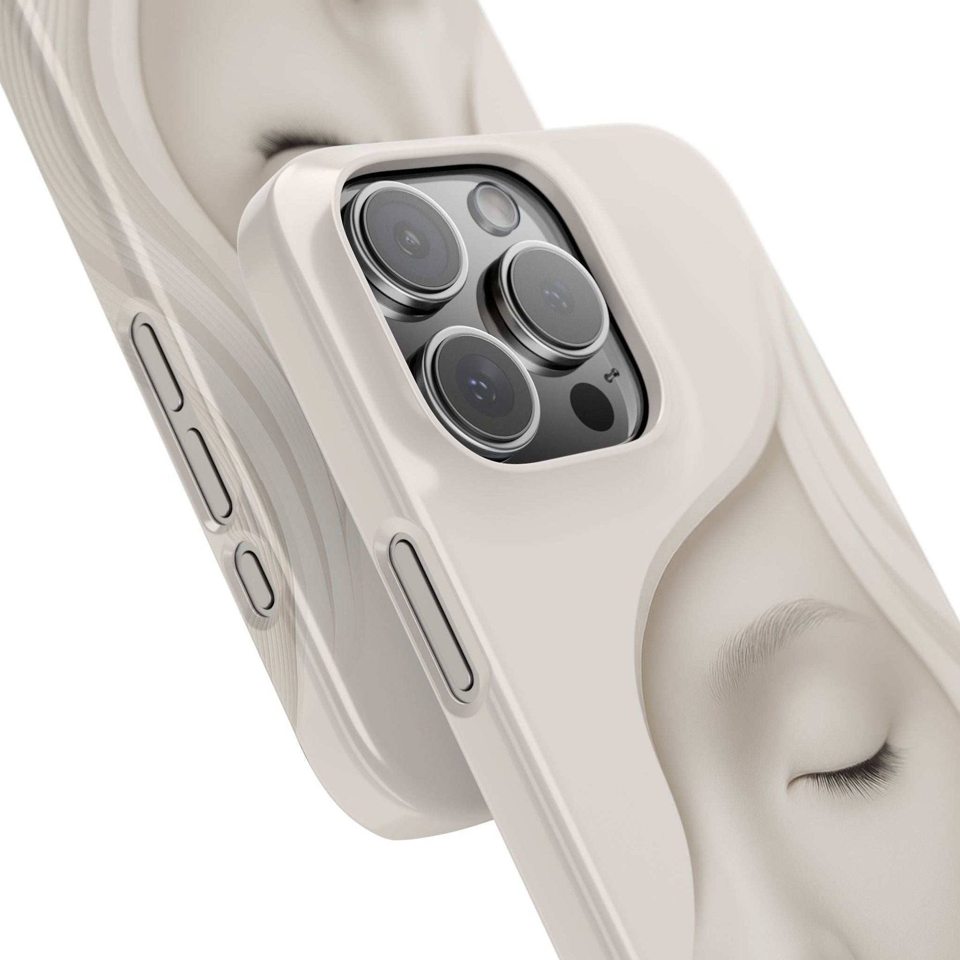 Off-white phone case with face design; close view of camera lenses and side buttons