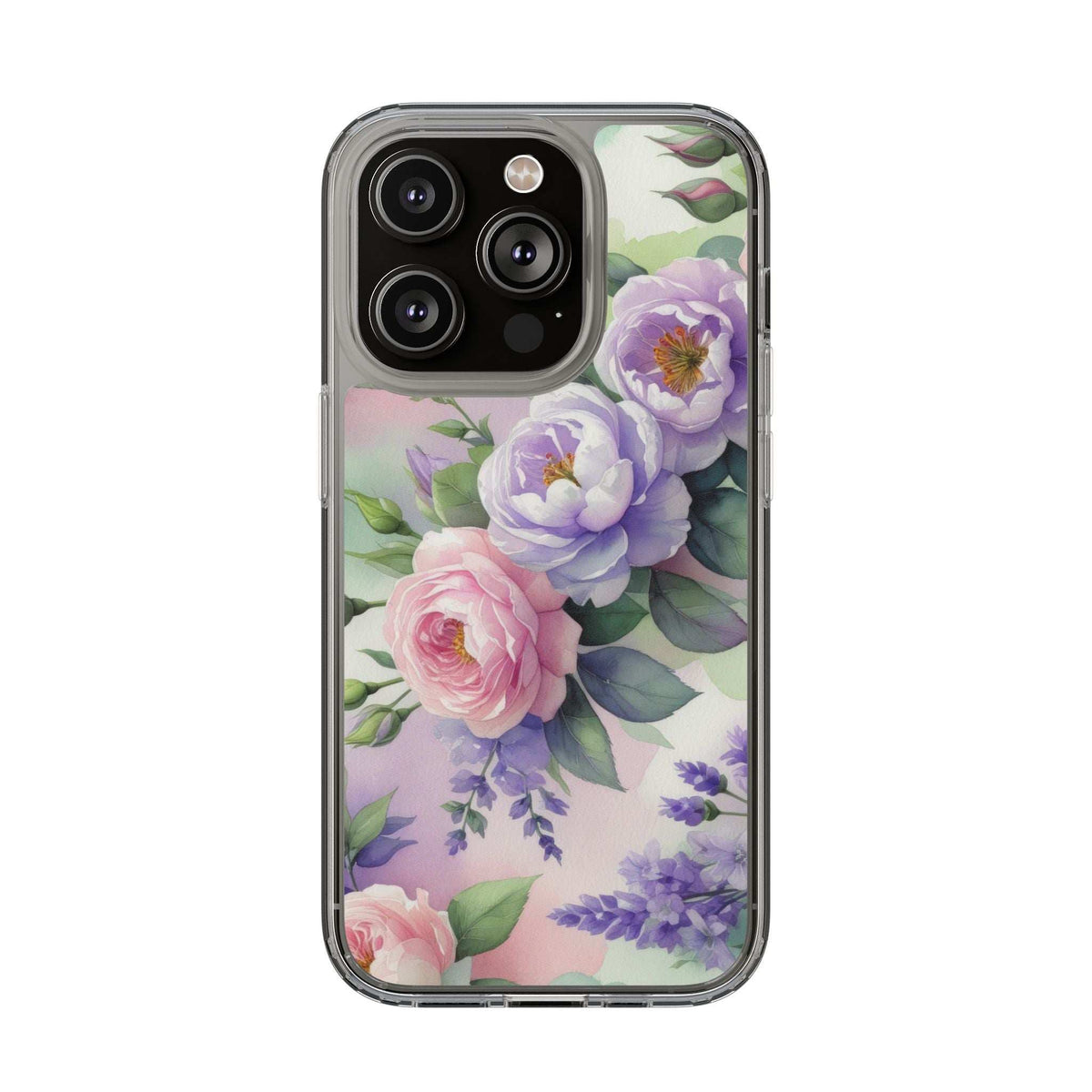 Clear floral phone case with multi-color blossoms and camera cutouts