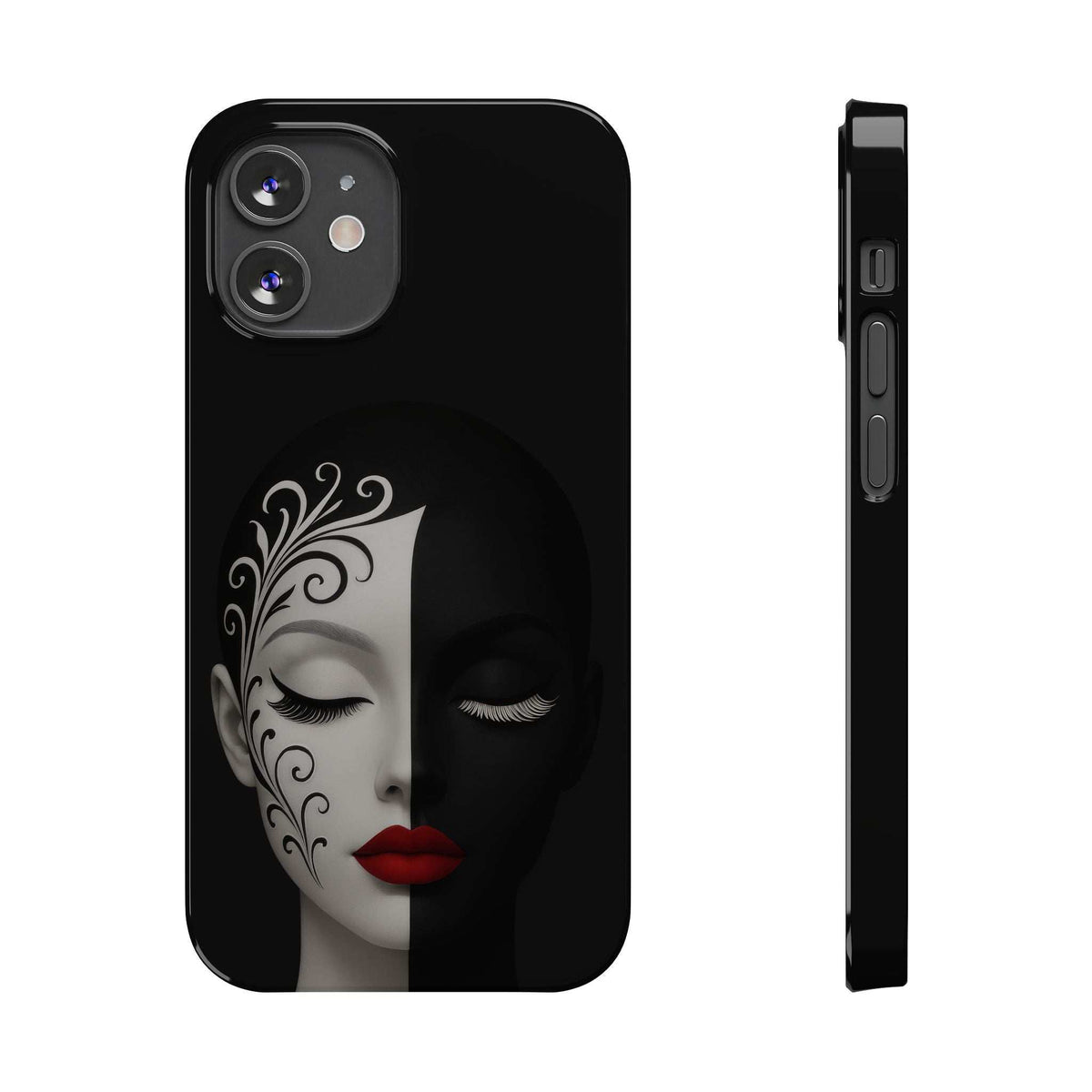 Black phone case featuring ornate woman face design with red lips and camera cutouts