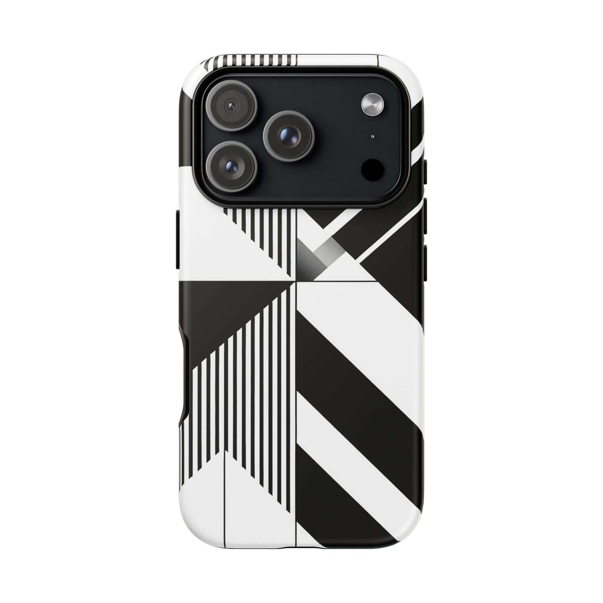 Monochrome tough phone case with bold geometric stripe and chevron pattern, camera cutouts