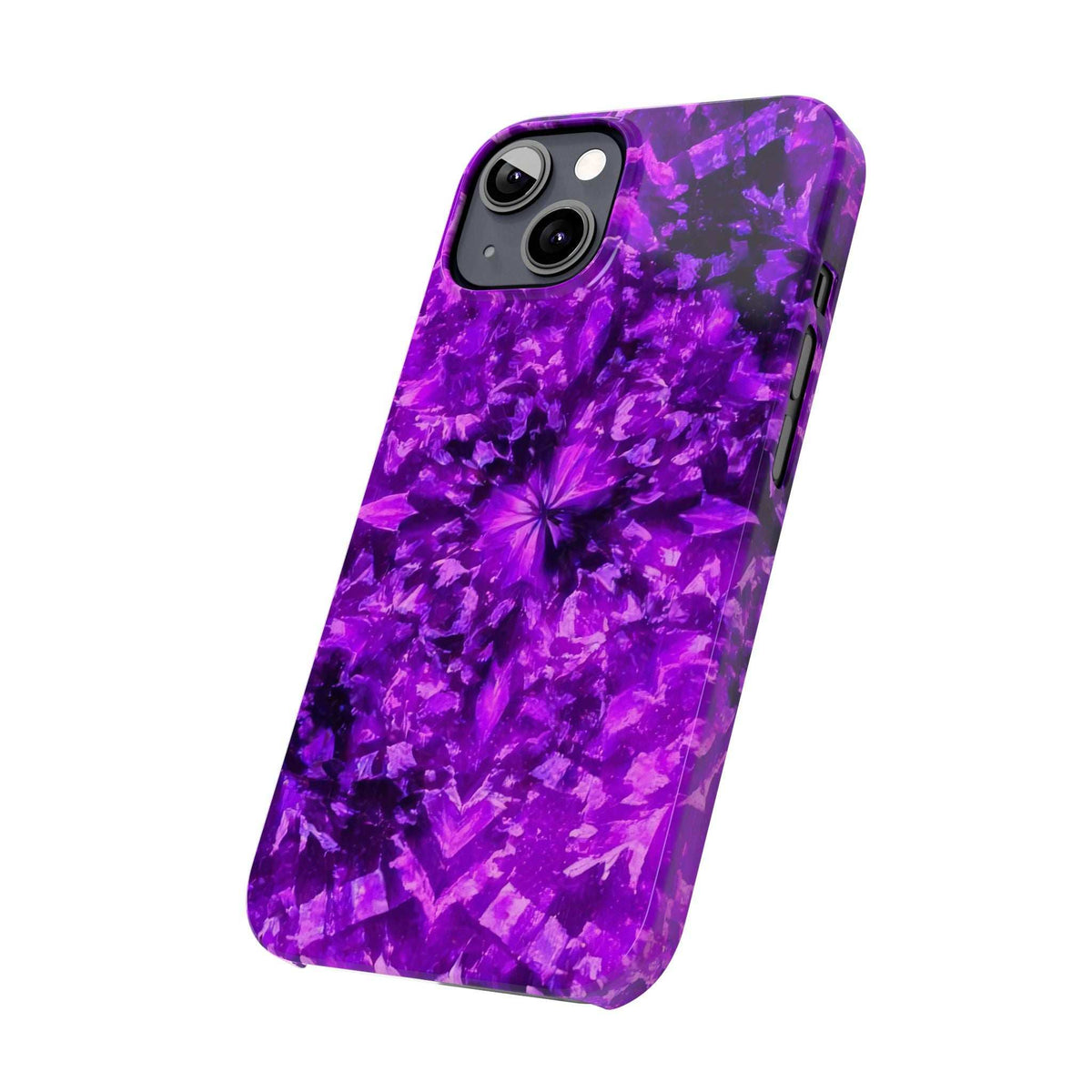 Purple kaleidoscope phone case angled view with glossy texture and cutouts