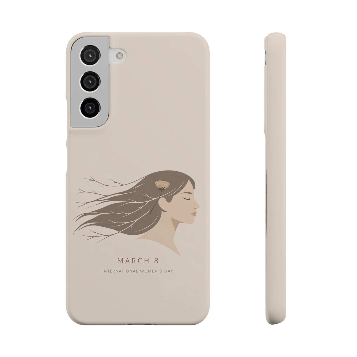Light beige phone case with World Women's Day profile graphic and rear camera openings