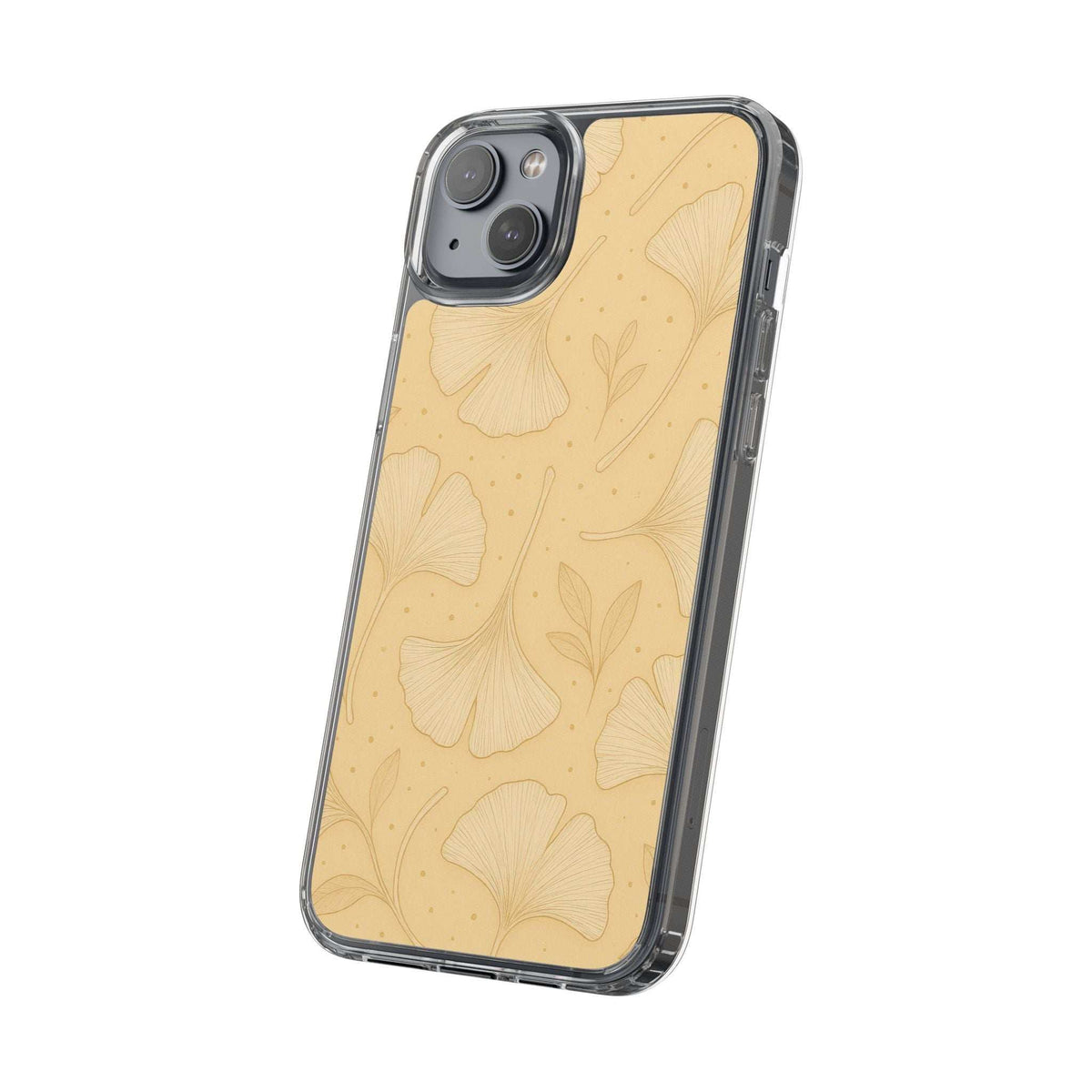 Yellow ginkgo floral phone case with clear bumper and triple camera opening