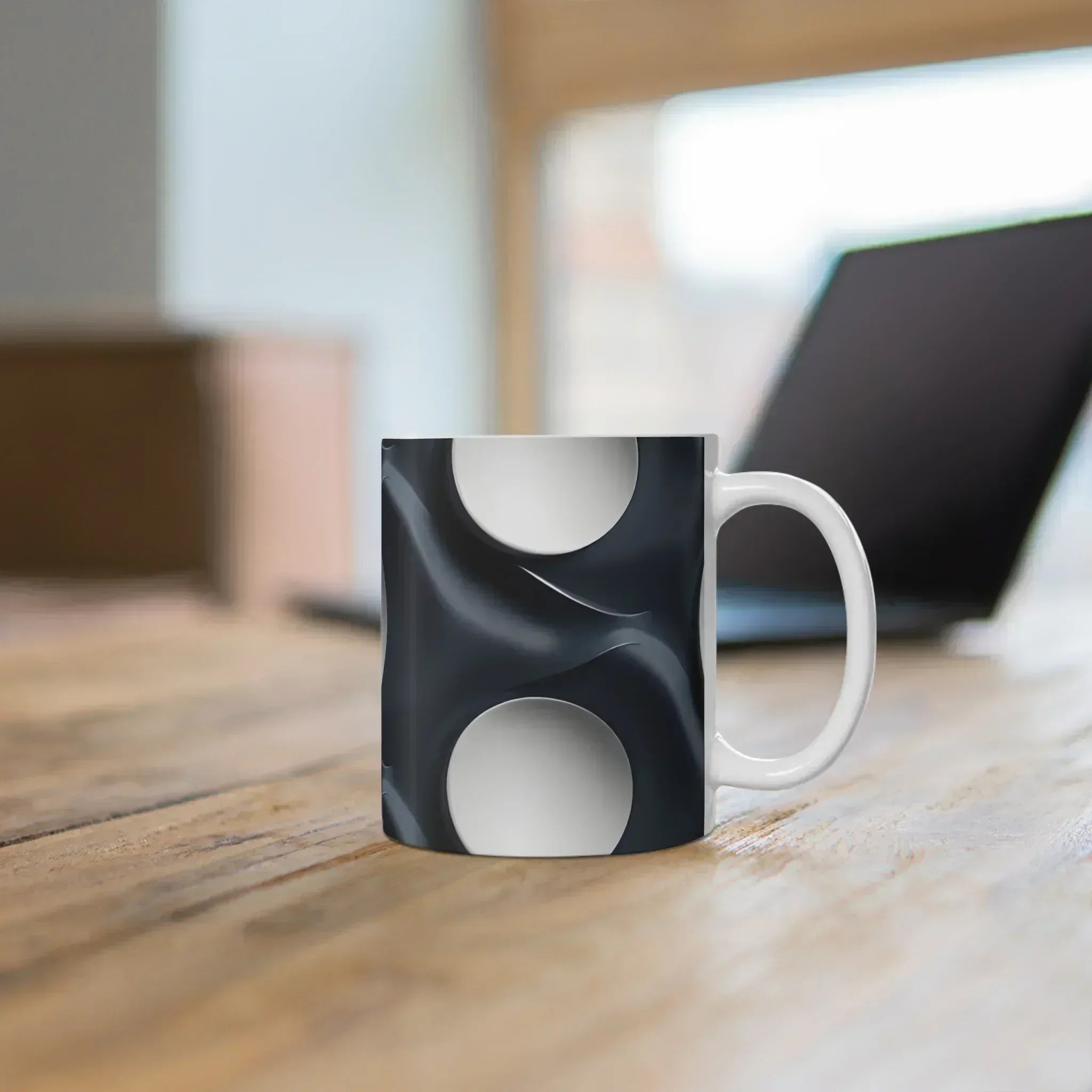 Abstract Black and White Swirl Mug with Central Vortex Design - KARARMDESIGN