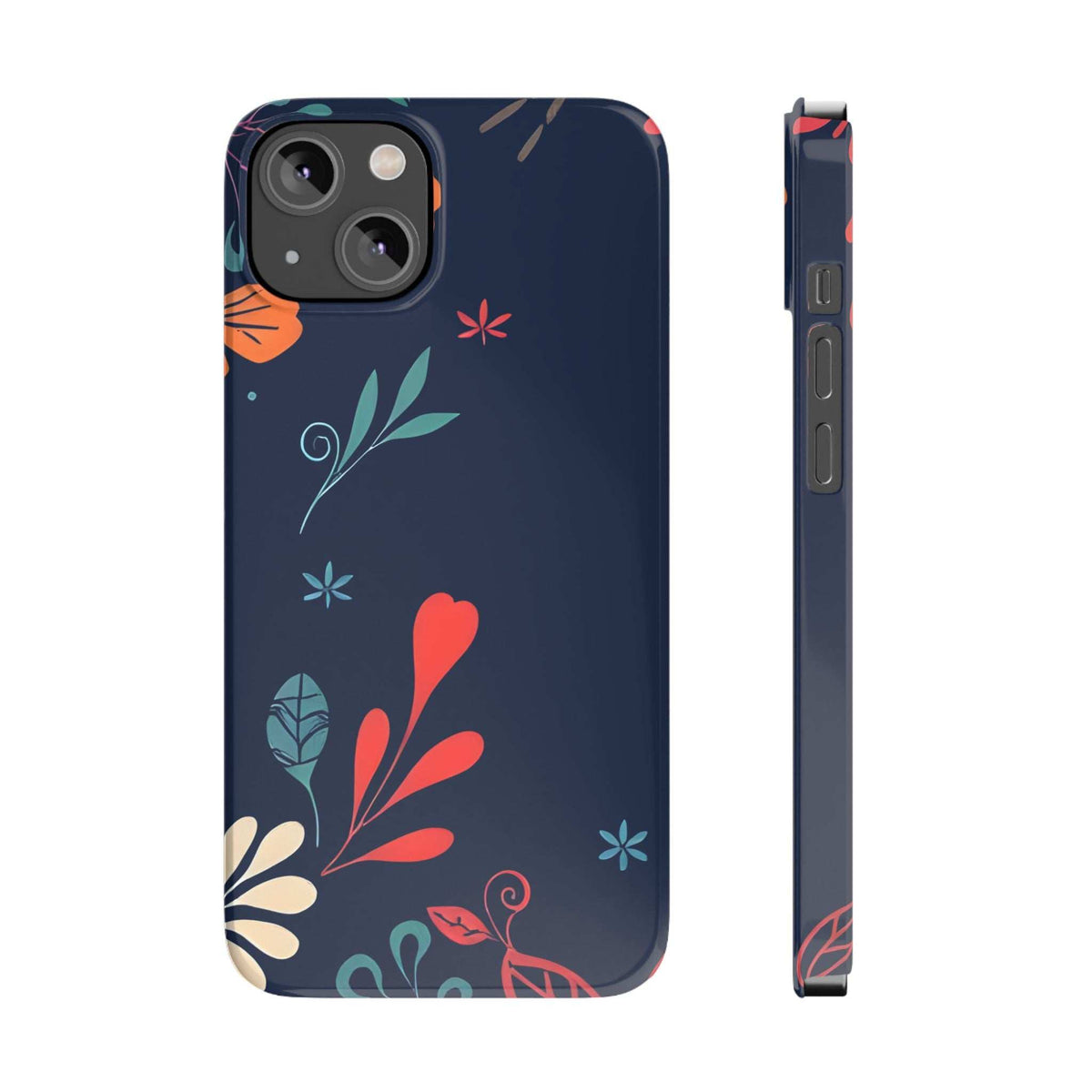 Dark navy floral phone case with colorful leaves and bird motifs; front and side view