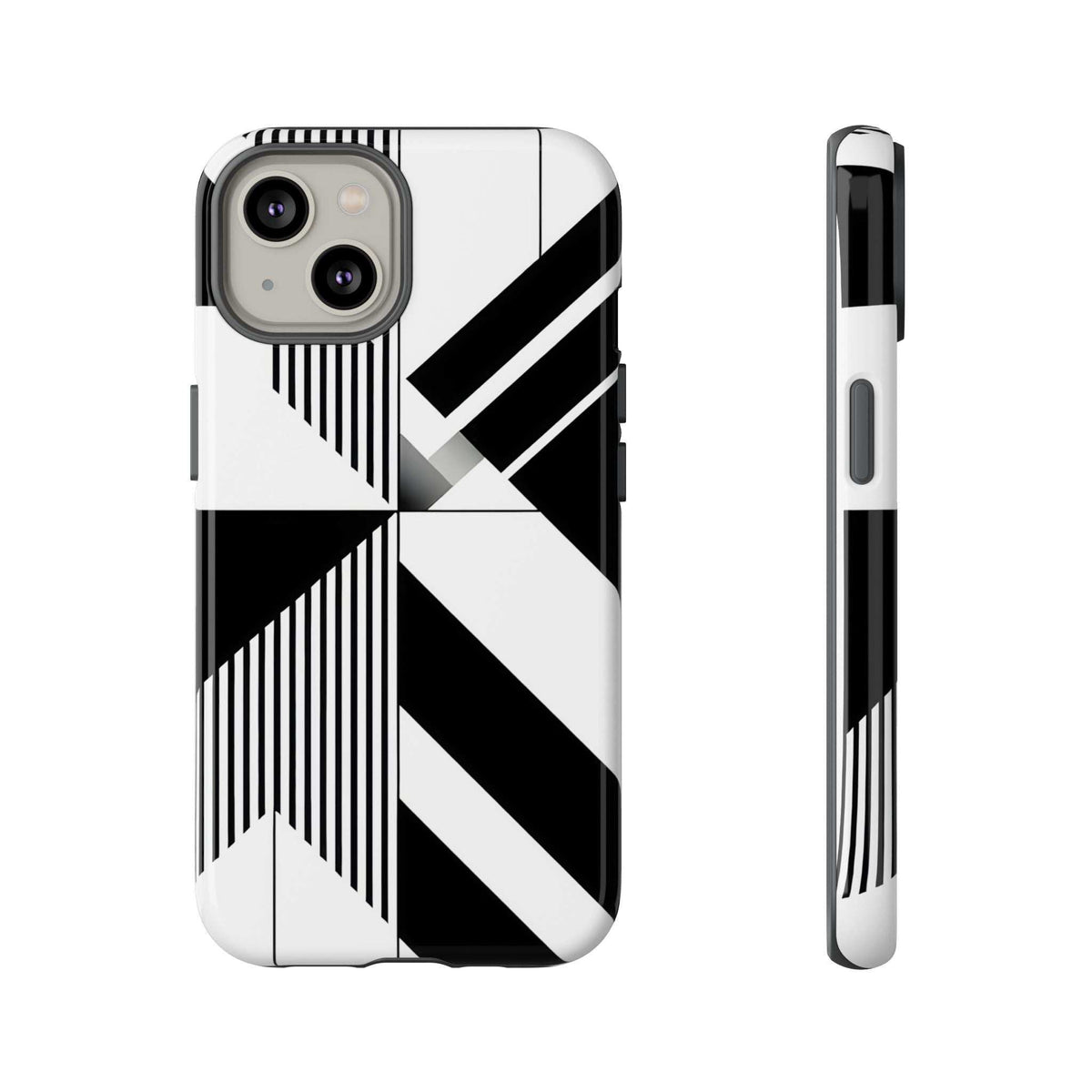 Monochrome tough phone case with black-and-white geometric stripes; side button cutouts