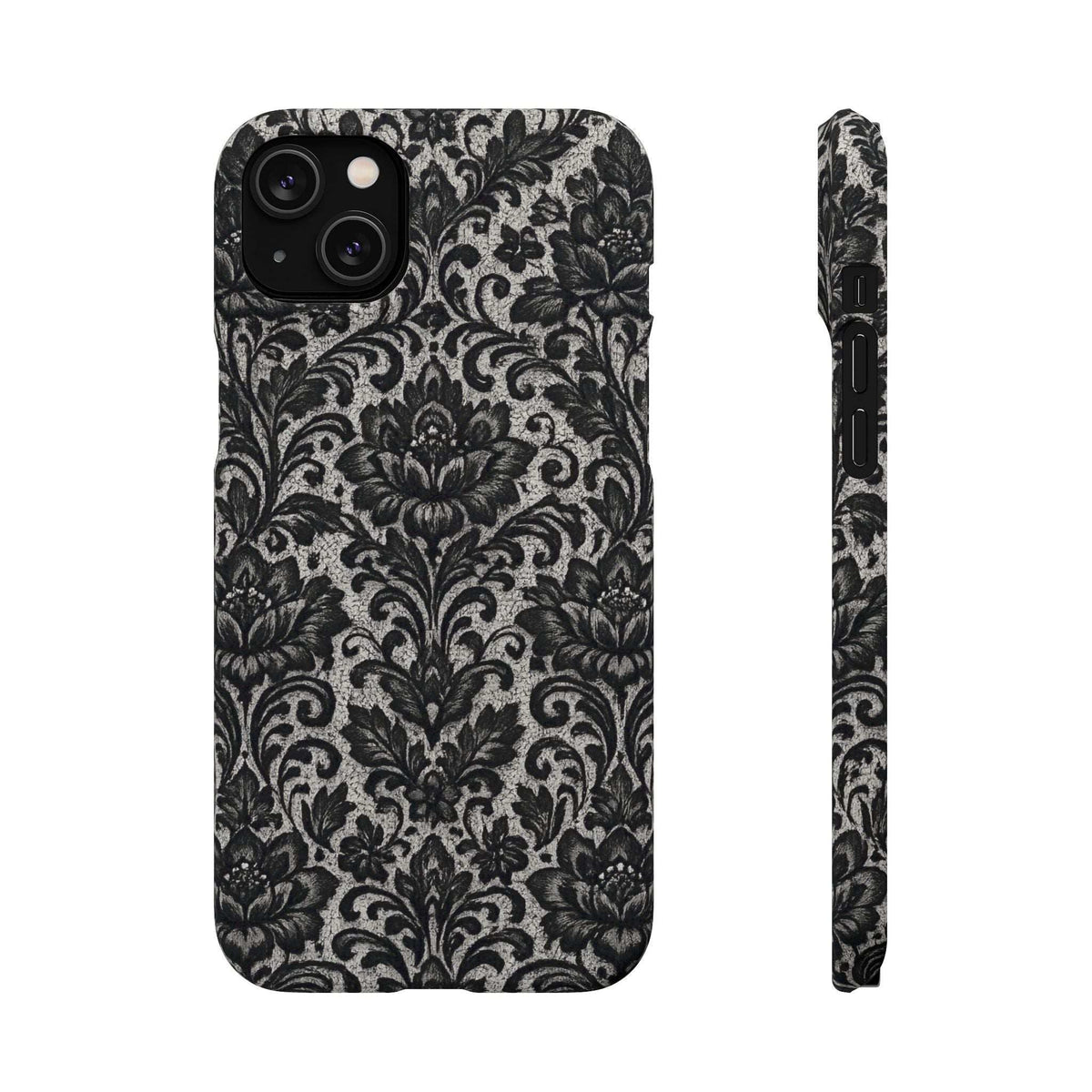 Black damask floral phone case with raised camera rings and side profile cutouts