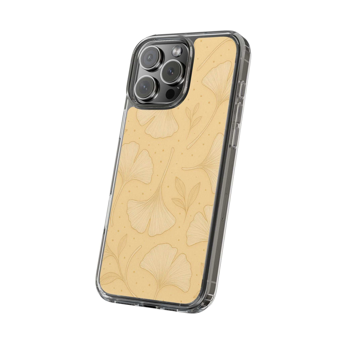 Yellow ginkgo floral phone case with clear edges and quad camera cutout