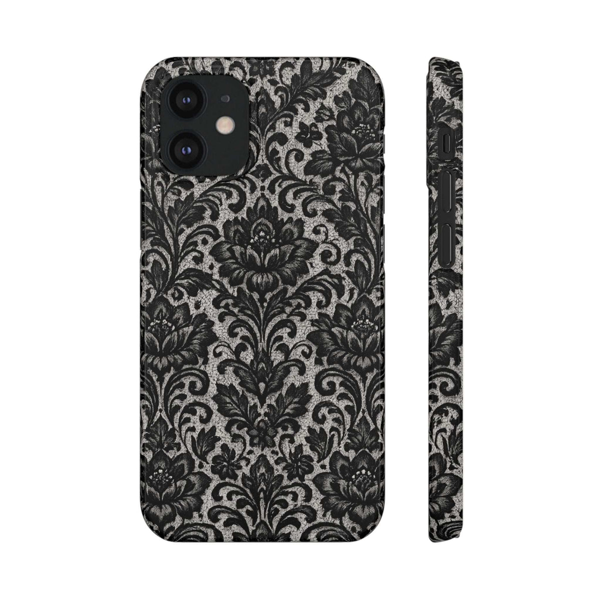 Black damask floral phone case back with large camera cutout and patterned side
