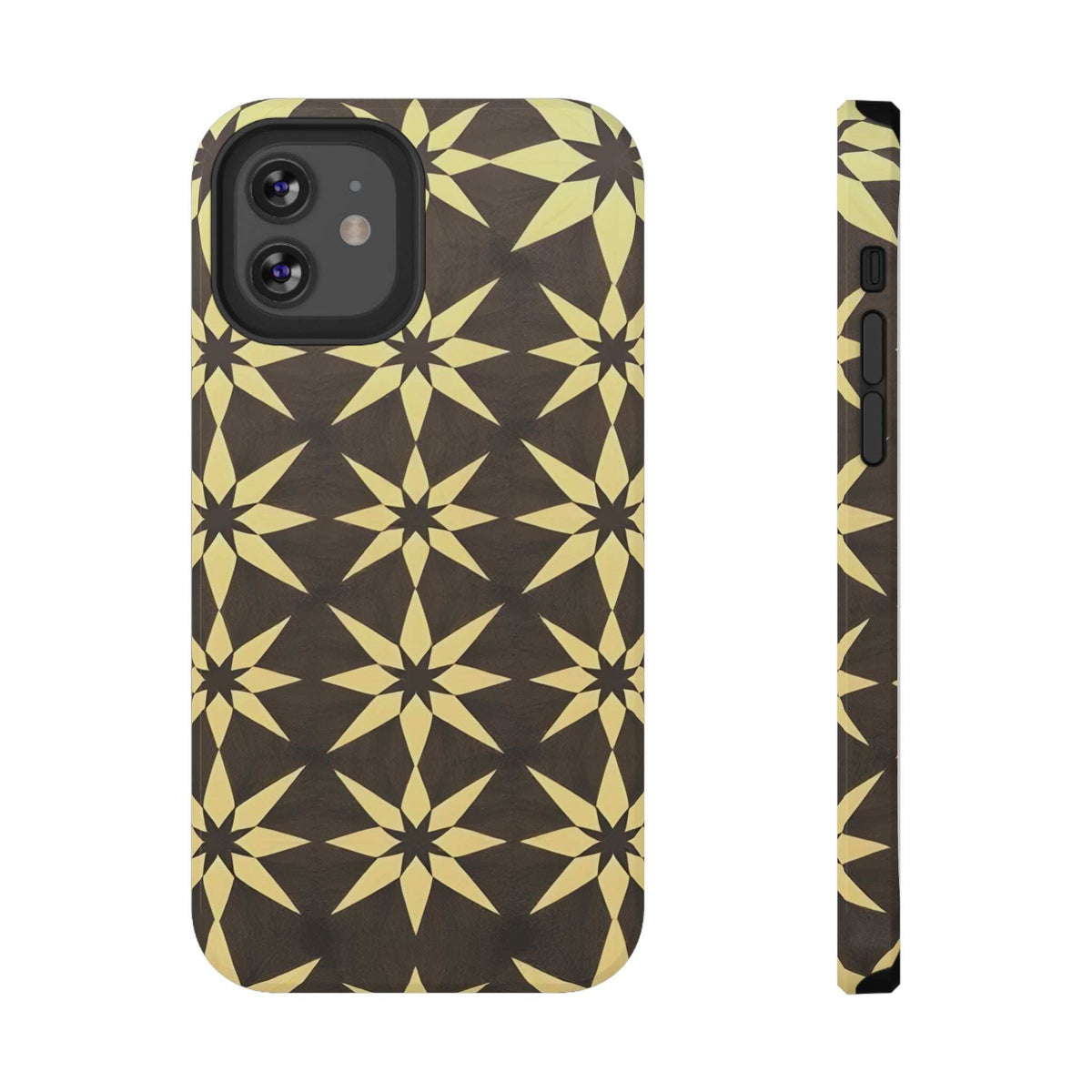 Star geometric phone case with gold-and-black pattern; front and side views