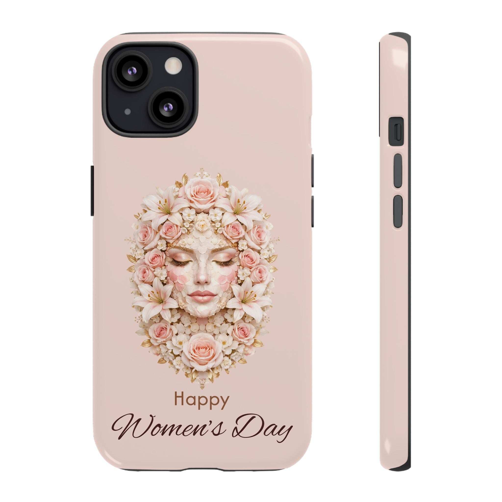 She Blooms pink phone case with floral wreath woman face and “Happy Women’s Day”; front view with side