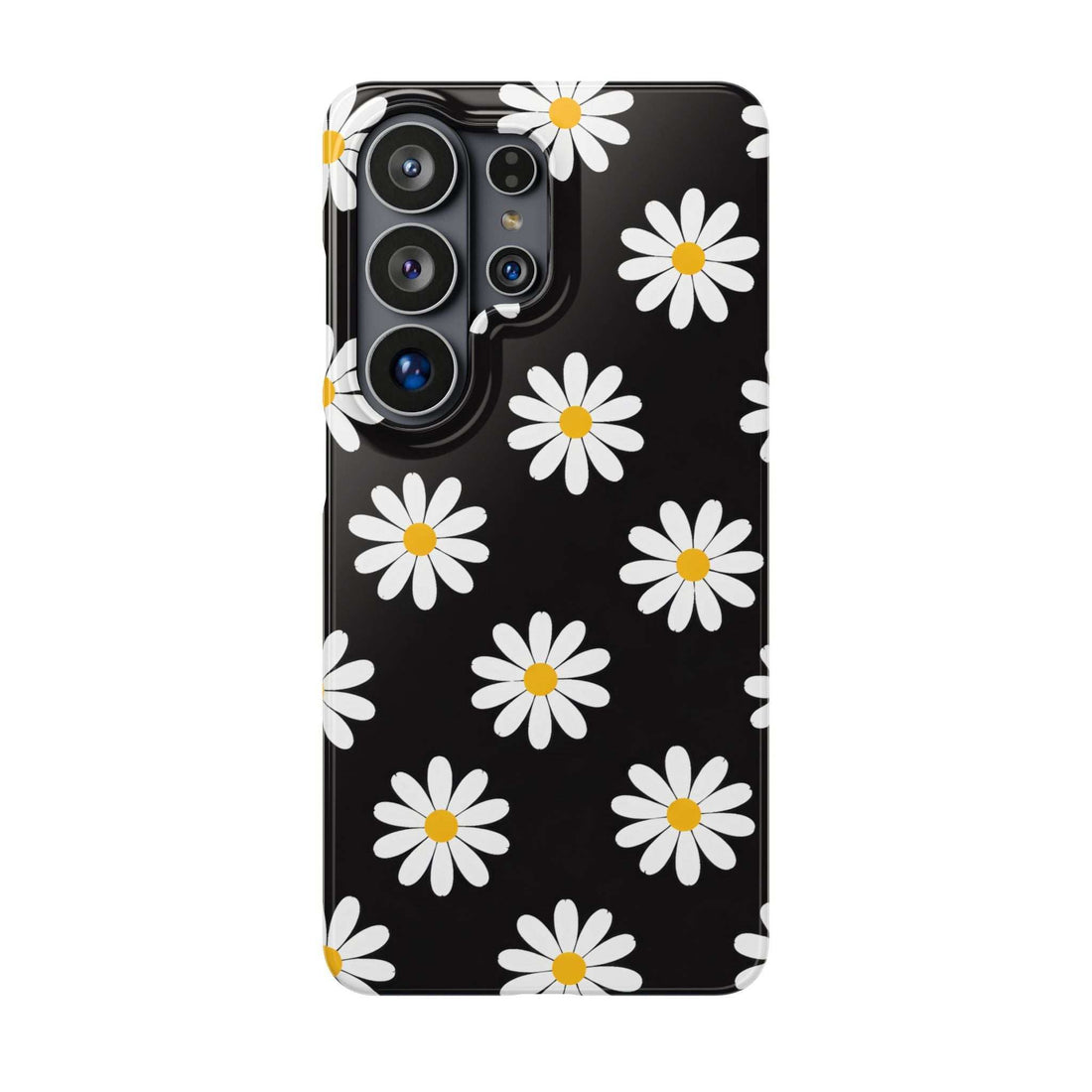 Black daisy-pattern phone case with white flowers and yellow centers, showing camera lenses.