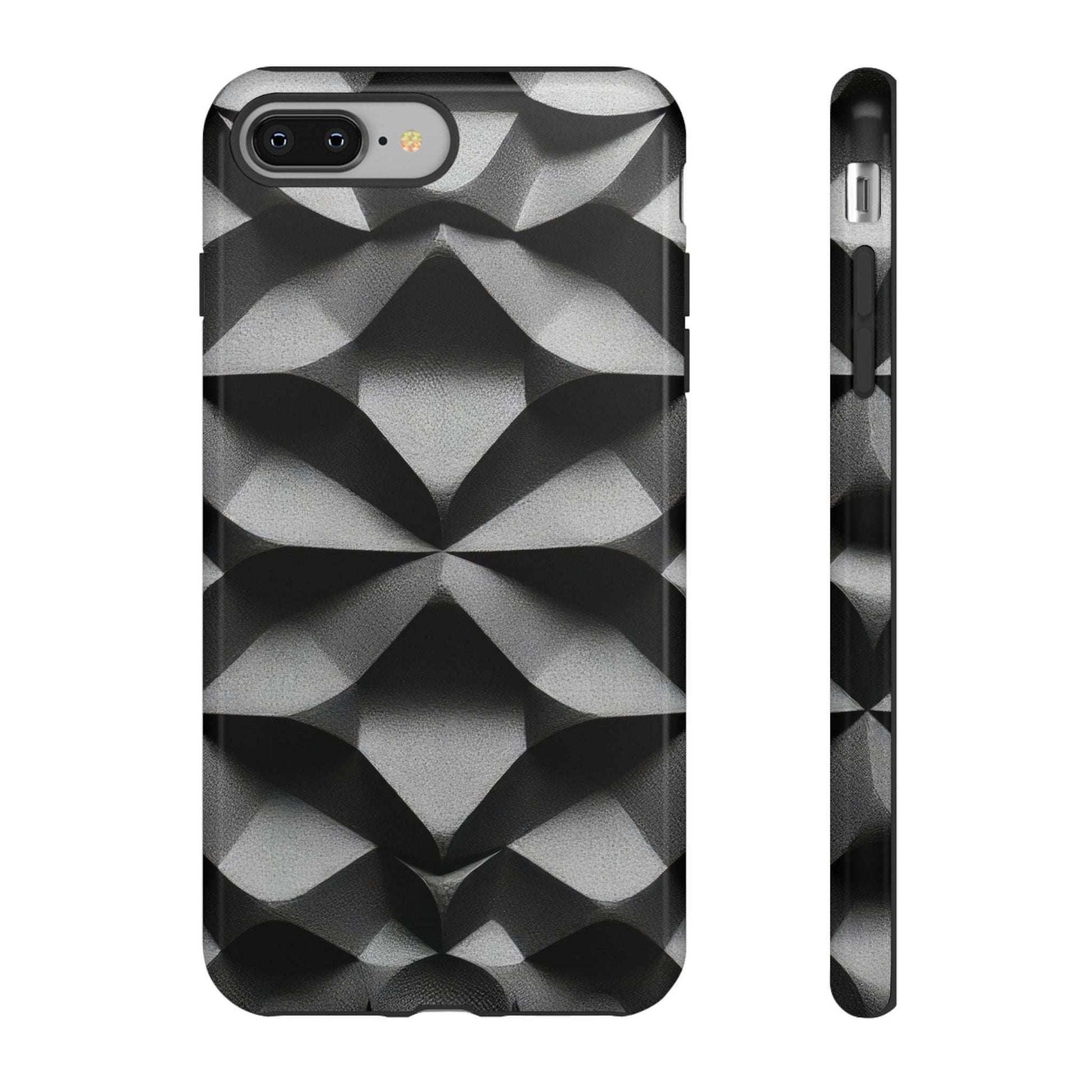 Tough phone case in black with silver geometric pattern, camera openings and side buttons.