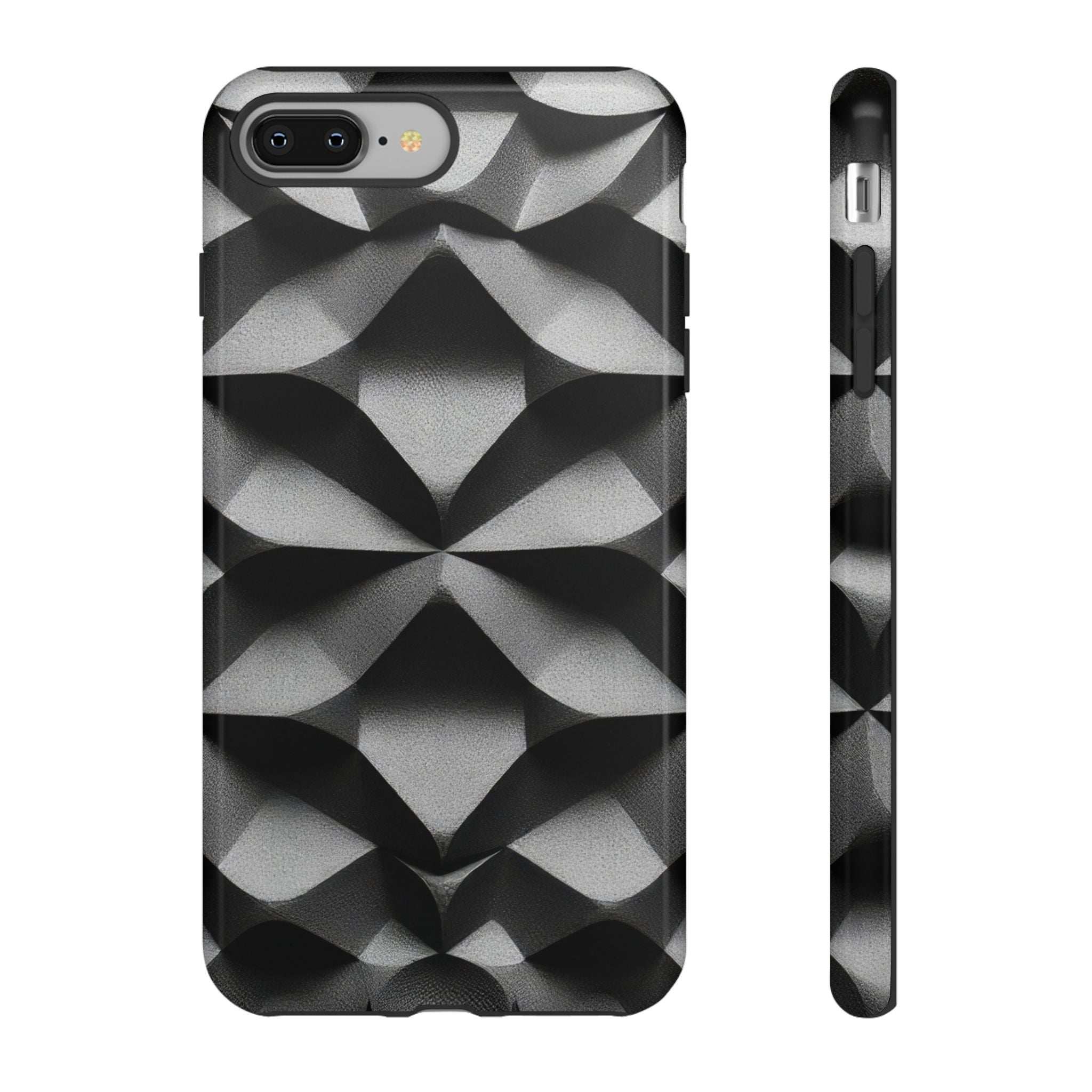 Tough phone case in black with silver geometric pattern, camera openings and side buttons.