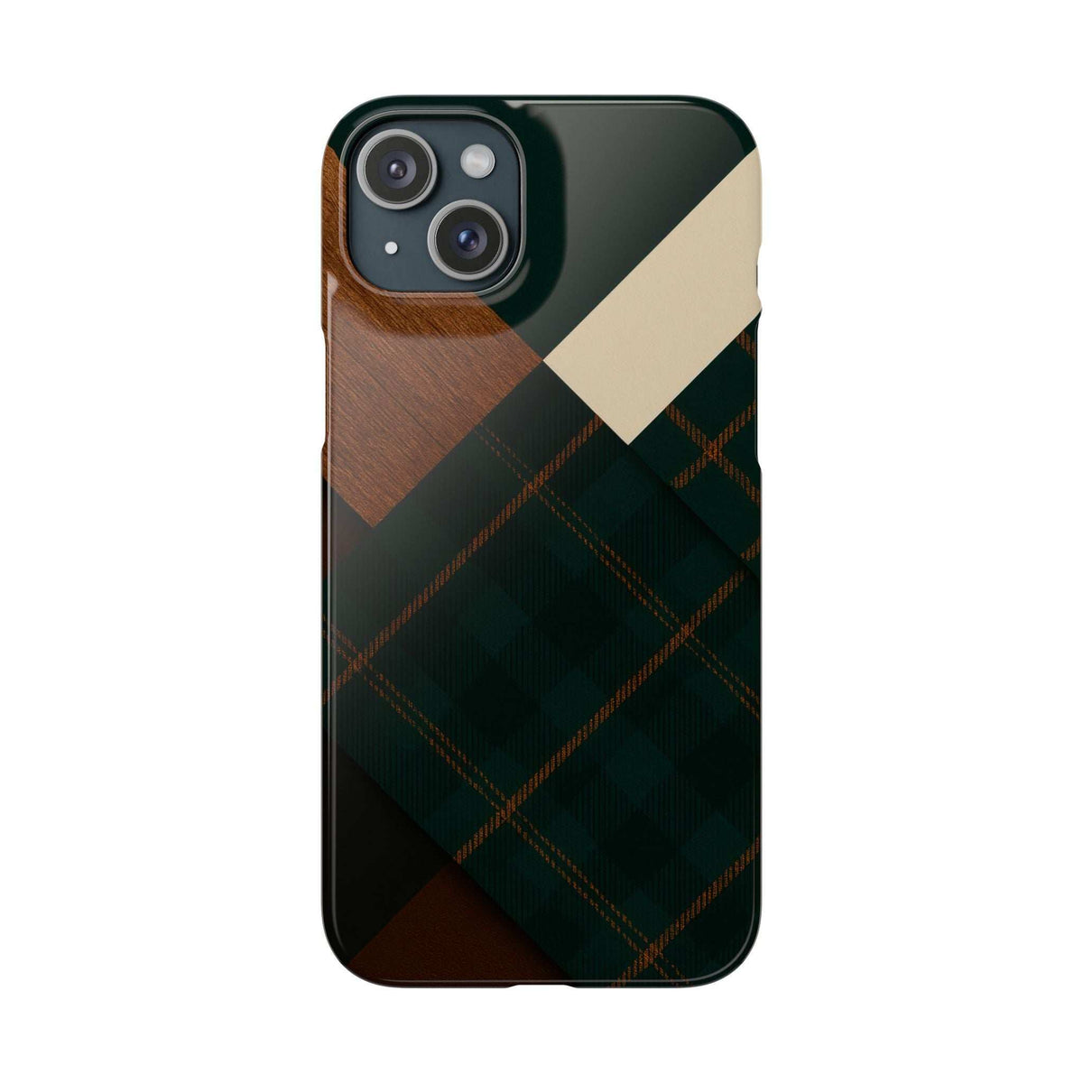 Rustic green phone case with wood panel, dark plaid squares, diagonal cream stripe, triple camera layout.